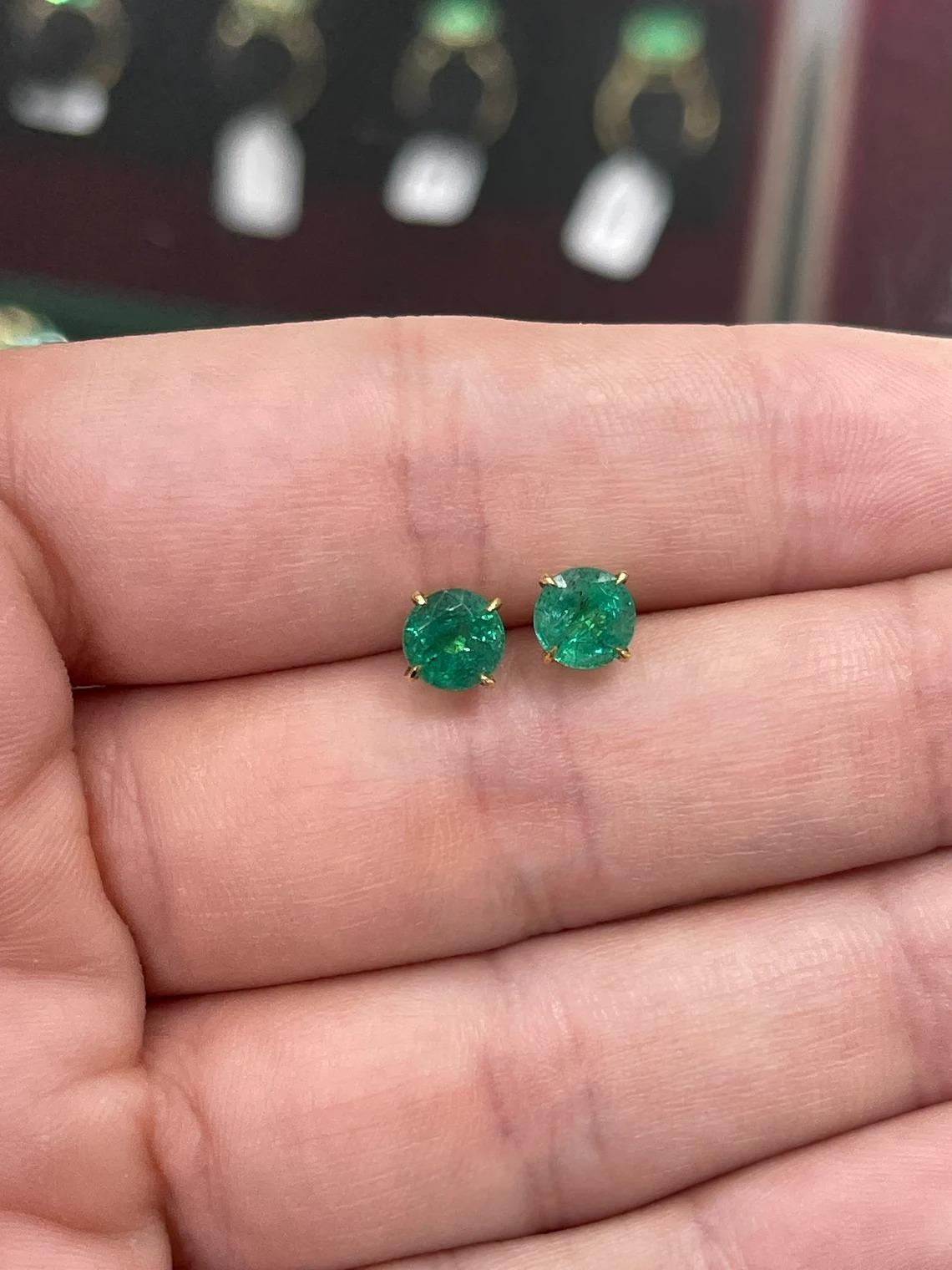 Round Cut 2.0tcw 14K Round Shape Rich Dark Green Natural Emerald Four Prong Earrings For Sale