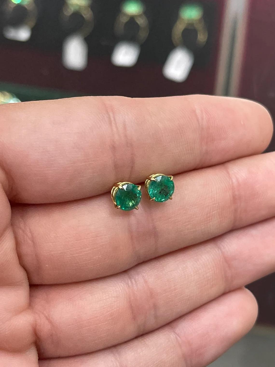 2.0tcw 14K Round Shape Rich Dark Green Natural Emerald Four Prong Earrings In New Condition For Sale In Jupiter, FL