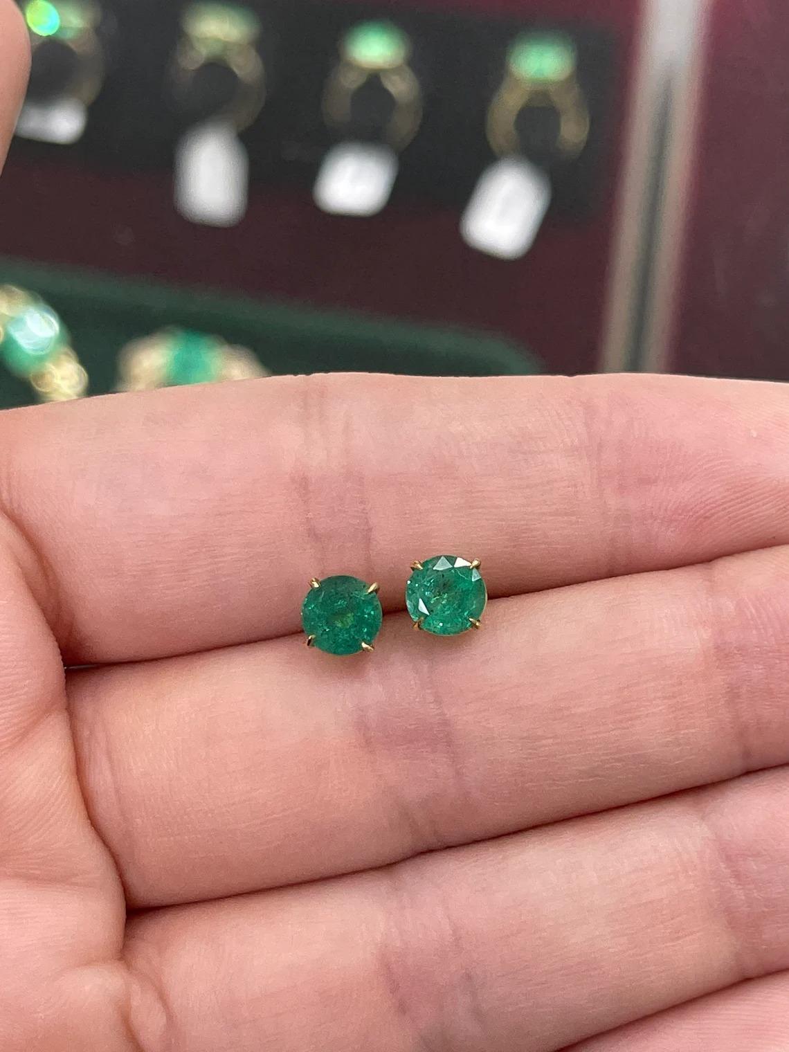 Women's or Men's 2.0tcw 14K Round Shape Rich Dark Green Natural Emerald Four Prong Earrings For Sale