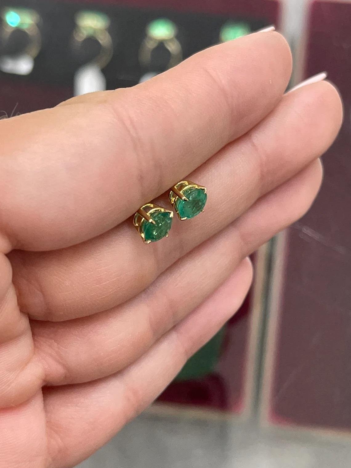 2.0tcw 14K Round Shape Rich Dark Green Natural Emerald Four Prong Earrings For Sale 1