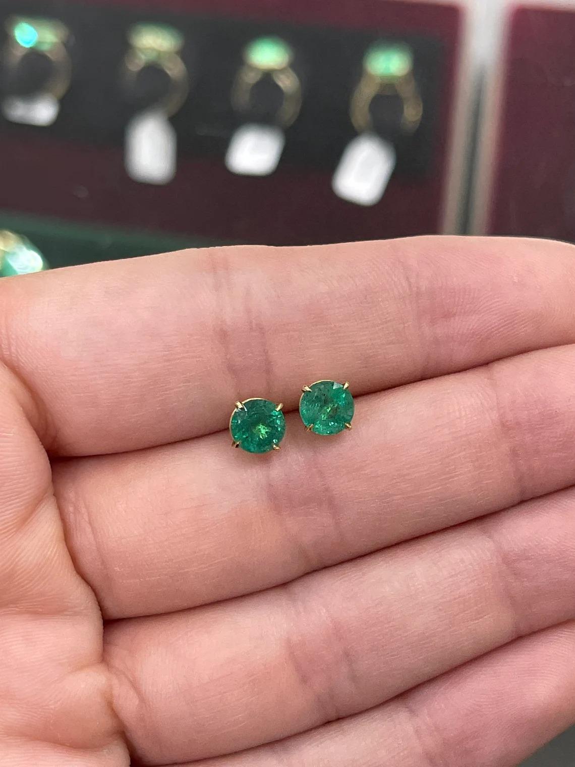2.0tcw 14K Round Shape Rich Dark Green Natural Emerald Four Prong Earrings For Sale 2