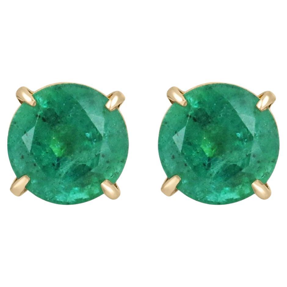 2.0tcw 14K Round Shape Rich Dark Green Natural Emerald Four Prong Earrings For Sale