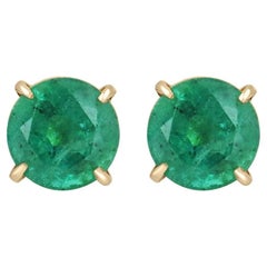 2.0tcw 14K Round Shape Rich Dark Green Natural Emerald Four Prong Earrings