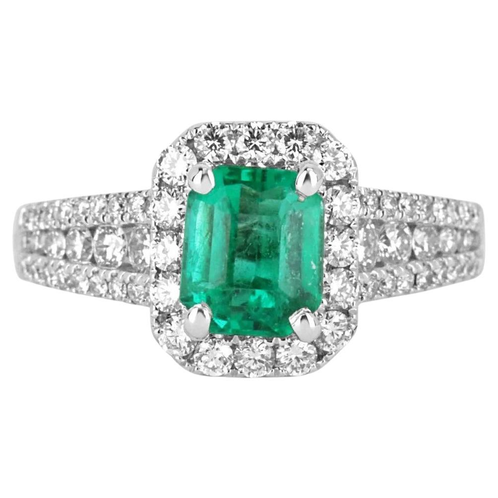 2.0tcw AAA+ Colombian Emerald-Emerald Cut & Diamond Halo Engagement Ring For Sale