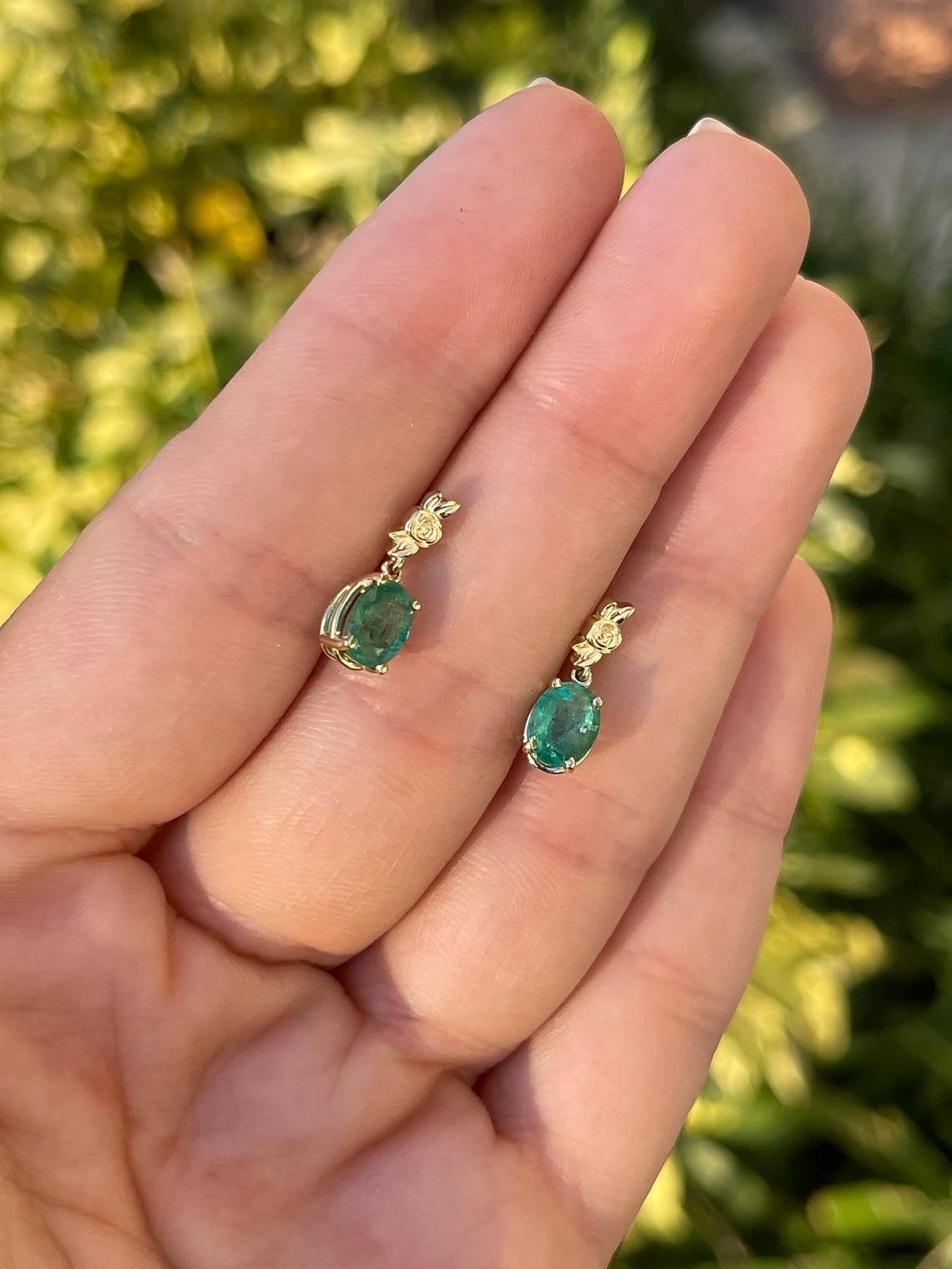 2.0tcw Natural Bluish-Green Oval Cut Emerald Floral Gold Dangles Earrings In New Condition For Sale In Jupiter, FL