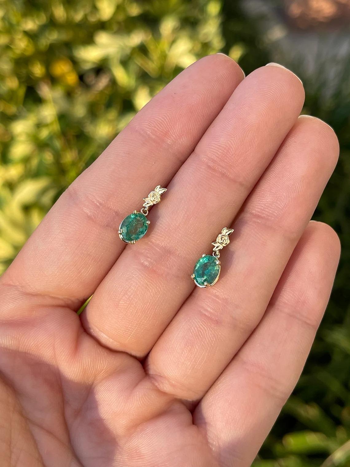 Women's 2.0tcw Natural Bluish-Green Oval Cut Emerald Floral Gold Dangles Earrings For Sale