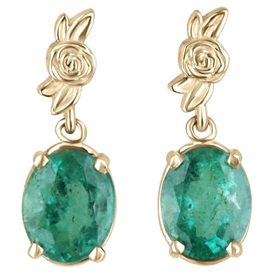 2.0tcw Natural Bluish-Green Oval Cut Emerald Floral Gold Dangles Earrings For Sale