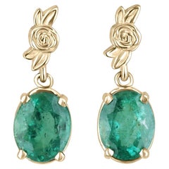 2.0tcw Natural Bluish-Green Oval Cut Emerald Floral Gold Dangles Earrings