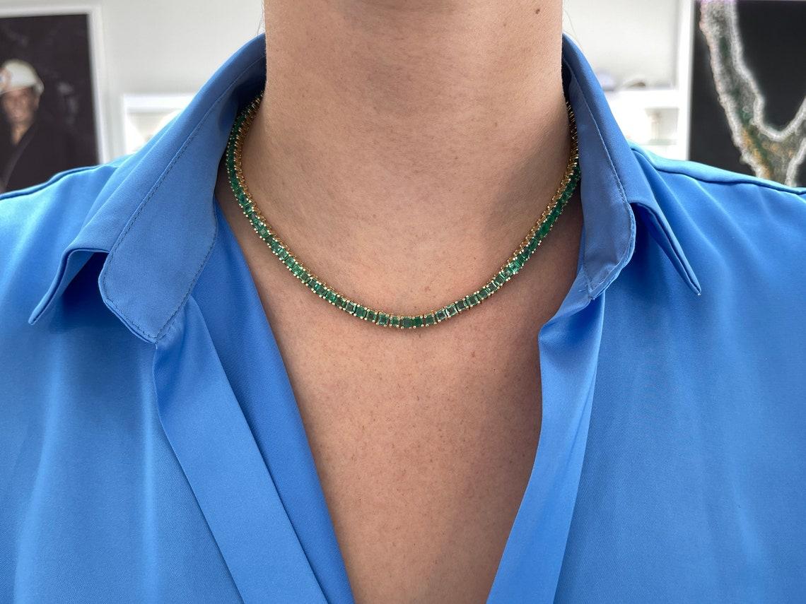 20tcw Princess Cut Emerald Tennis Necklace 14K Gold 17-inch Natural Emerald In New Condition For Sale In Jupiter, FL