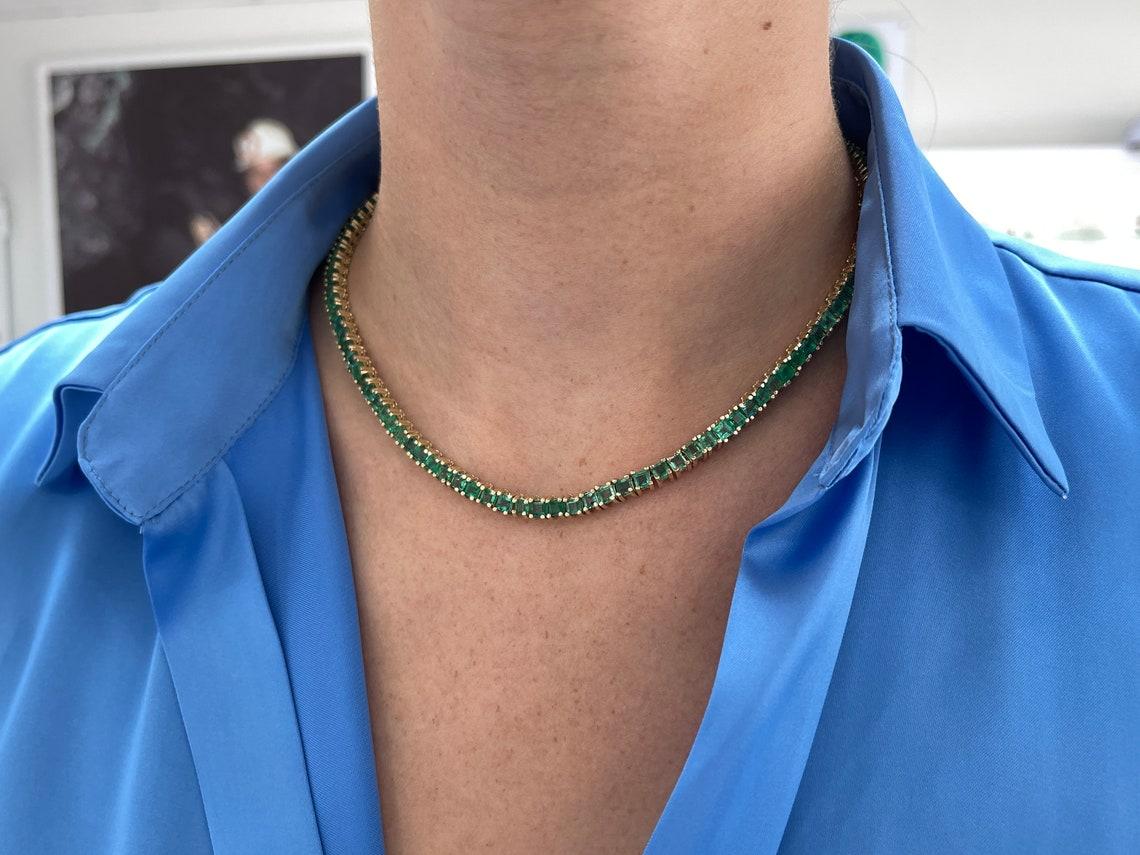 Women's 20tcw Princess Cut Emerald Tennis Necklace 14K Gold 17-inch Natural Emerald For Sale