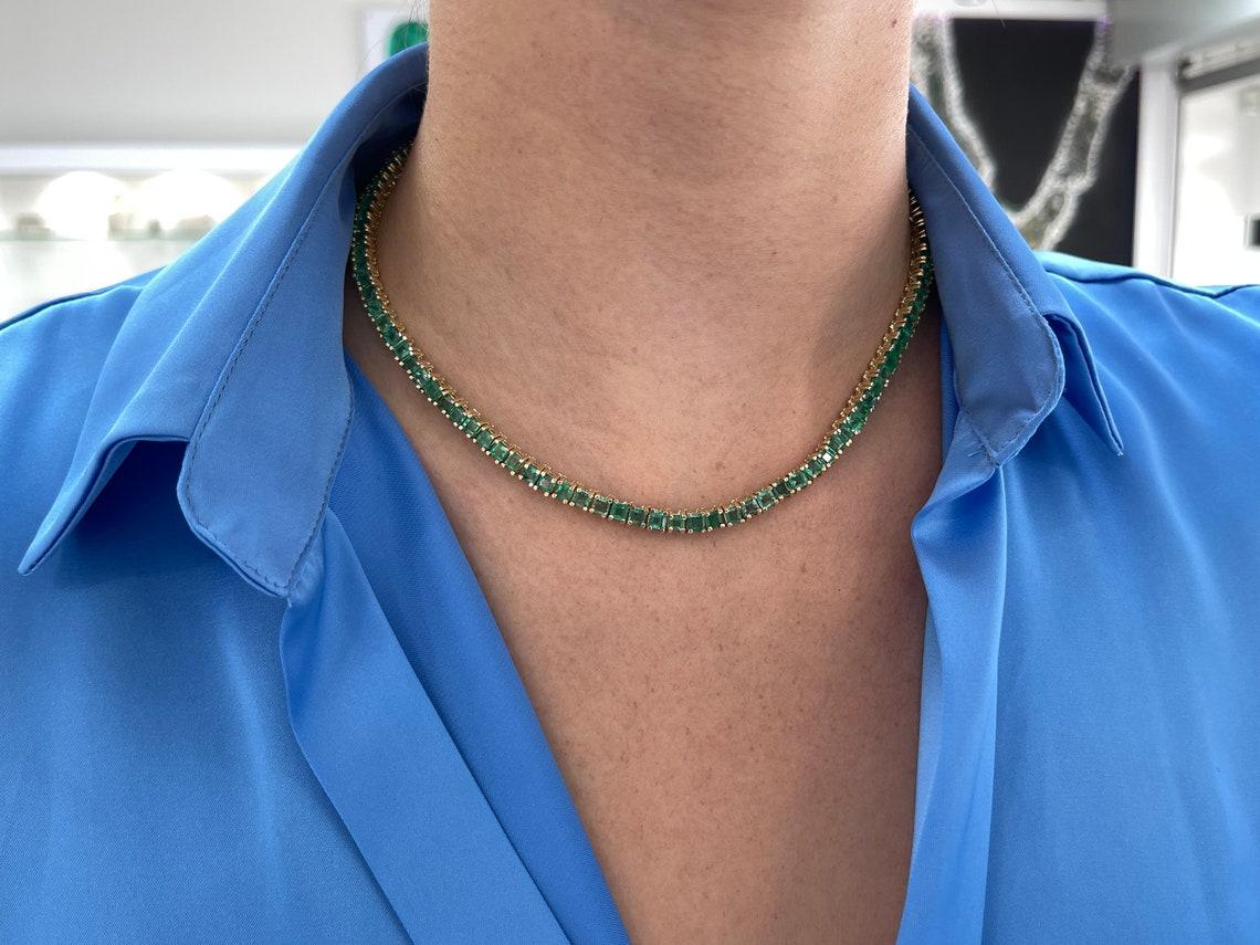 20tcw Princess Cut Emerald Tennis Necklace 14K Gold 17-inch Natural Emerald For Sale 1
