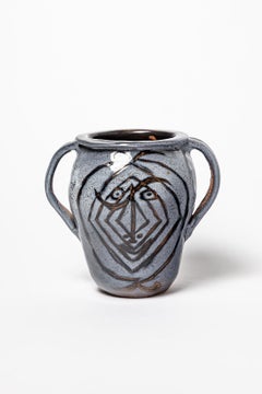 20th abstract animal figure blue and black ceramic vase circa 1950 Vallauris