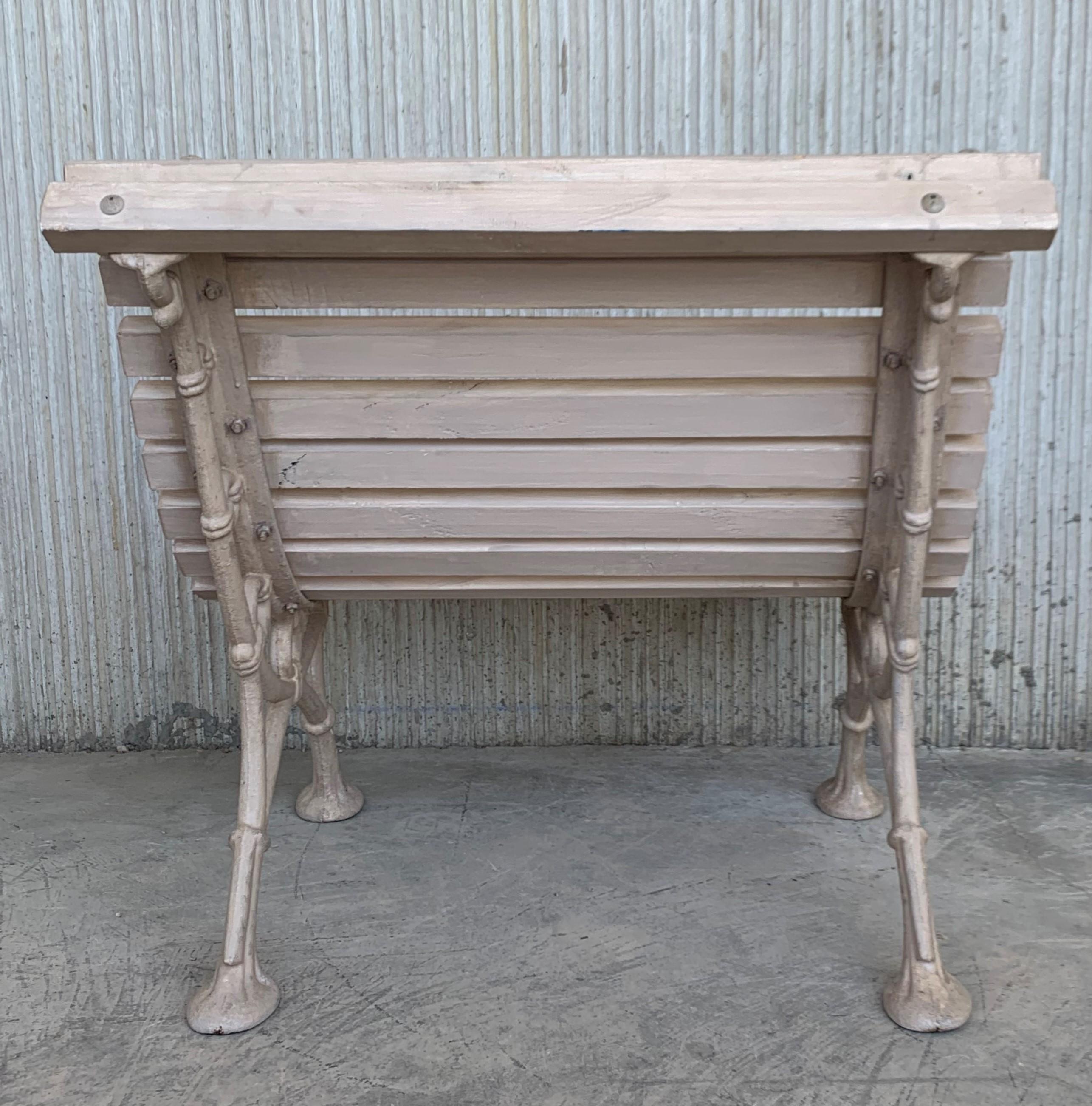 20th Century Antique White Garden Bench with Wood Slabs and Cast Iron Legs 2