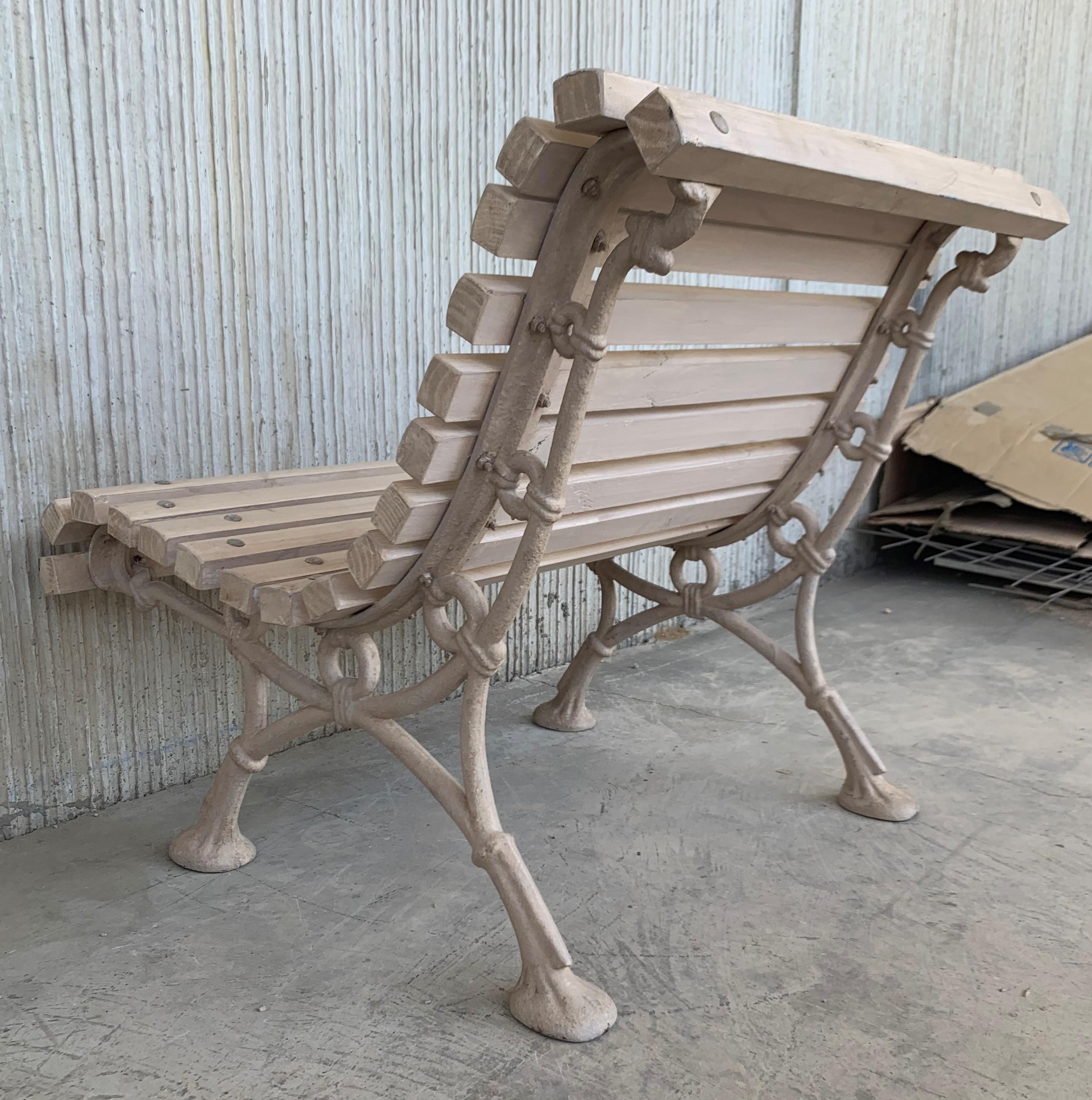 20th Century Antique White Garden Bench with Wood Slabs and Cast Iron Legs 3