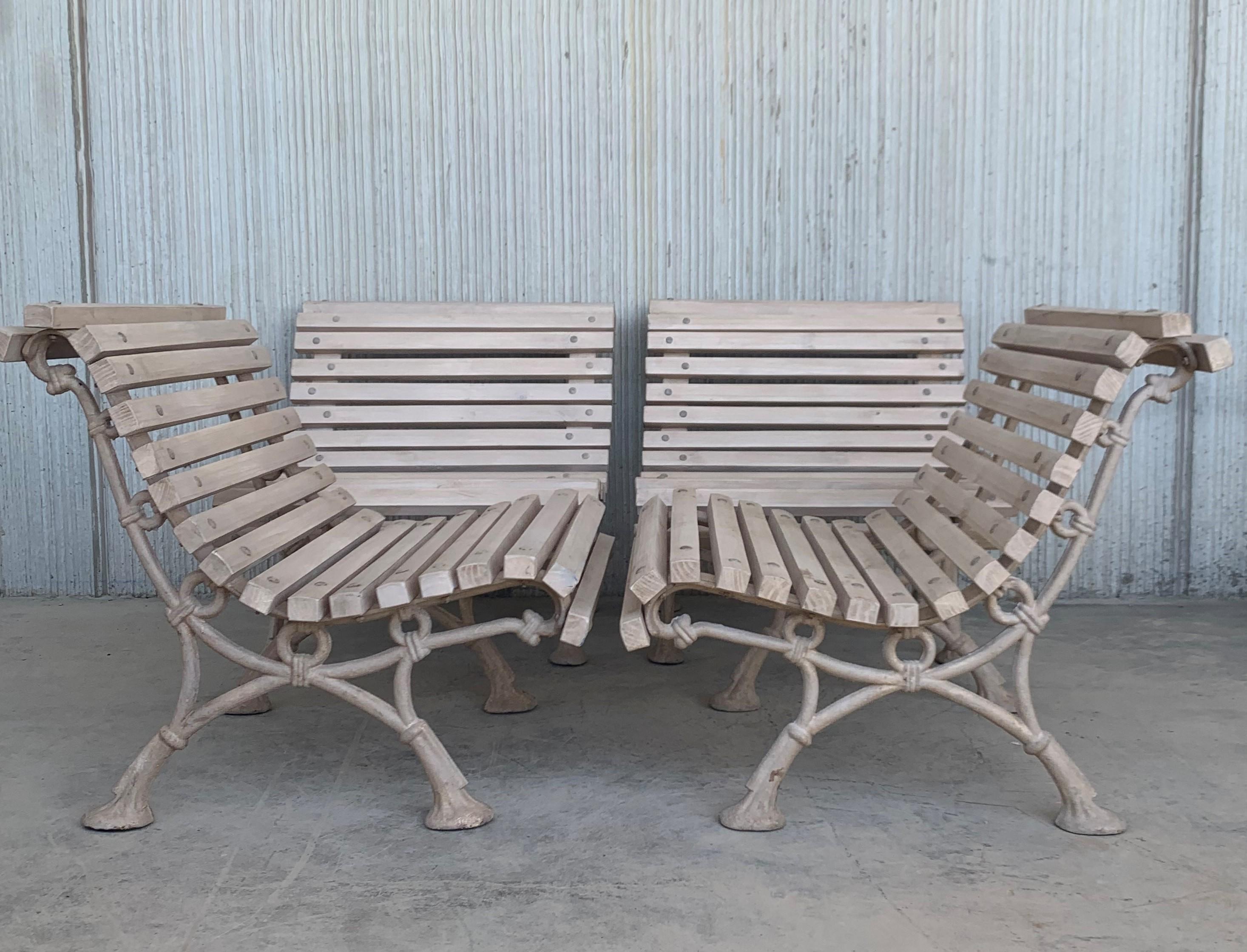 20th Century Antique White Garden Bench with Wood Slabs and Cast Iron Legs 6