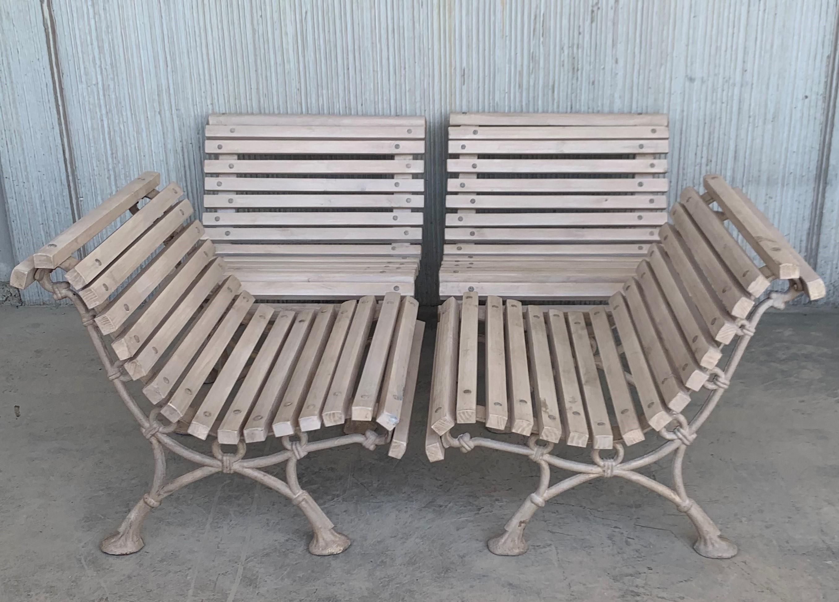 20th Century Antique White Garden Bench with Wood Slabs and Cast Iron Legs 7