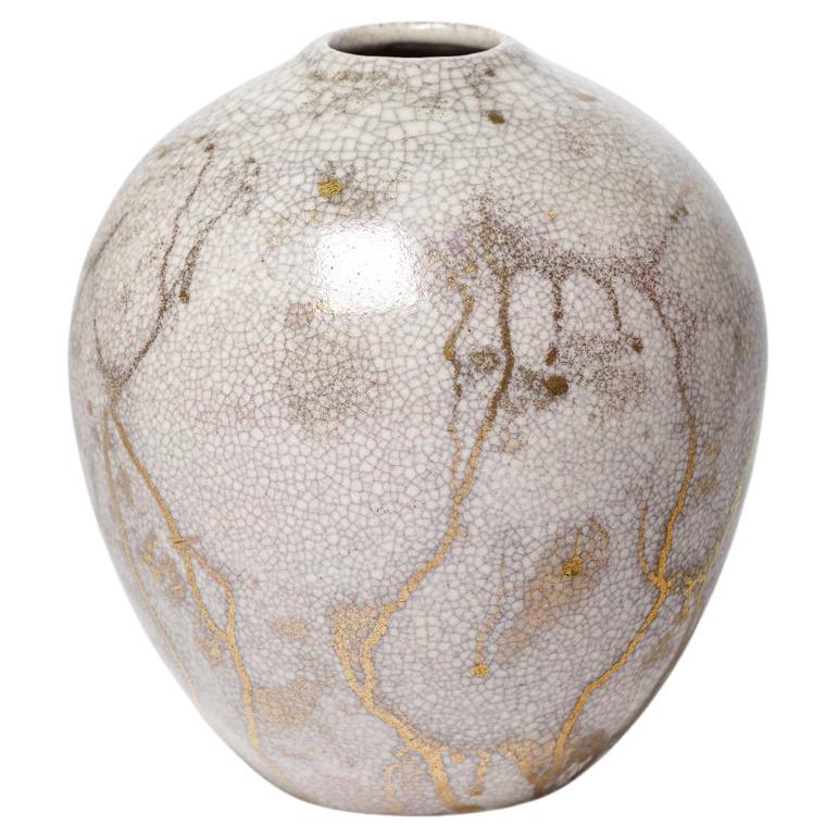 Vase en céramique blanc et or du 20e art déco par Lucien Brisdoux 1940 design en vente
