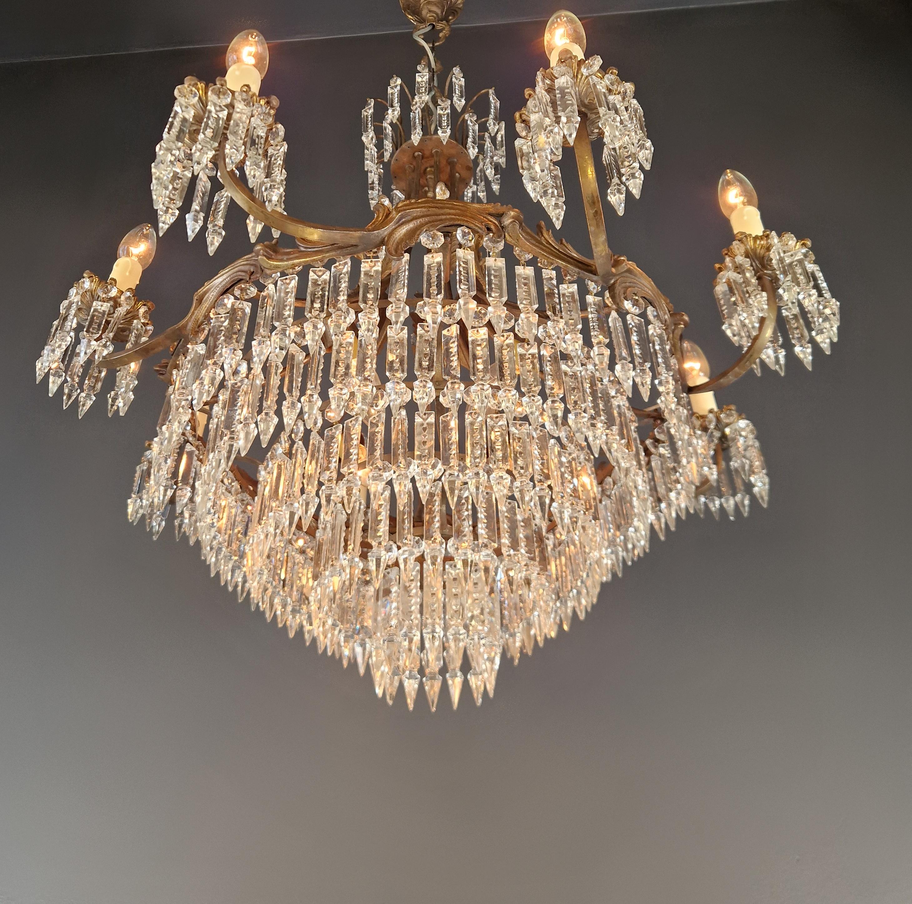 Cristal 20ème Art Nouveau Brass Chandelier Lustre Ceiling Lamp Rarity Antique Italia
