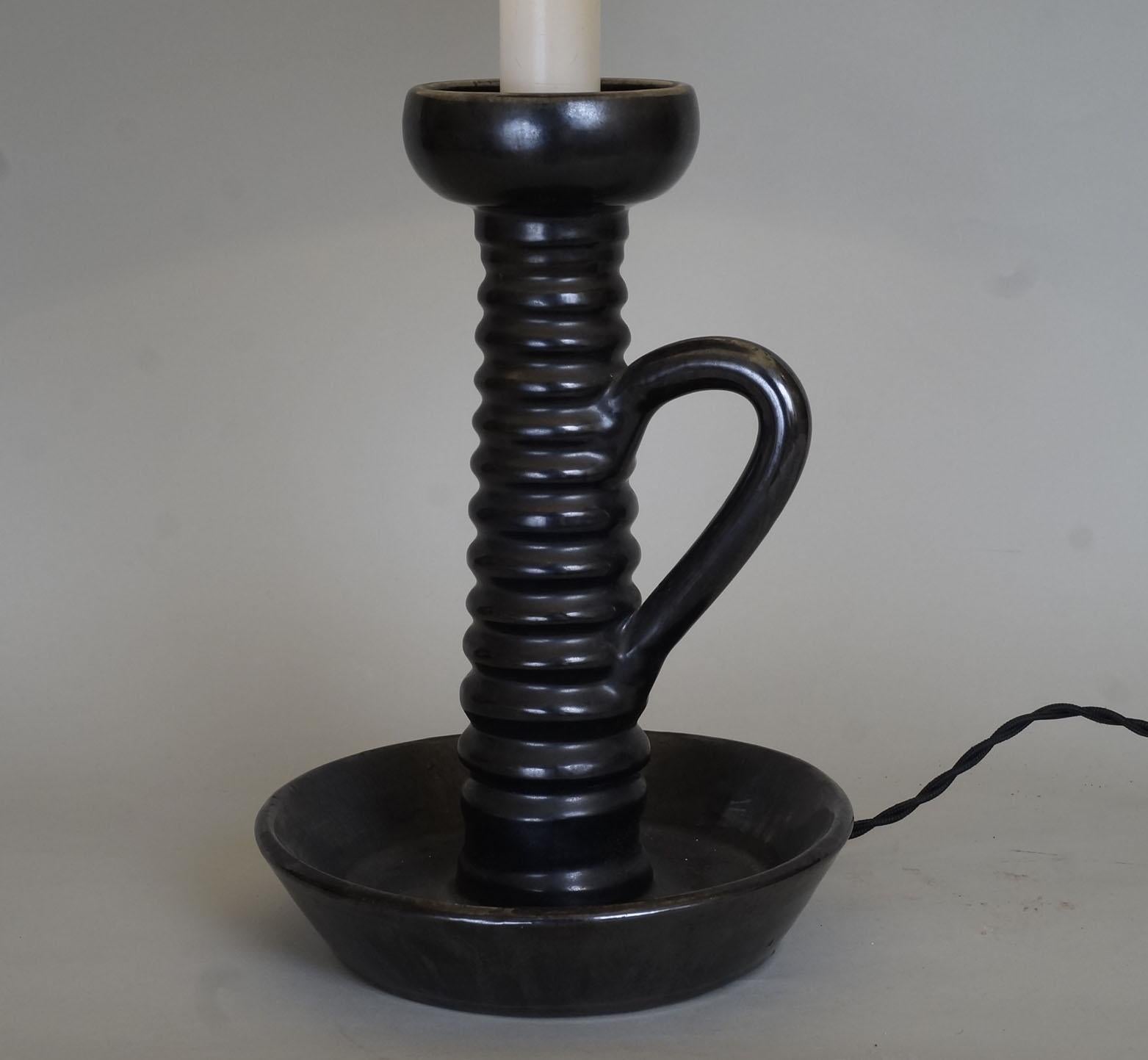 French 20th Century Black Ceramic Candleholder Table Lamp For Sale