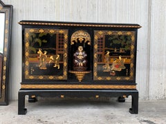 20th Black Lacquer and Hand Painted Open Altar Table or Sideboard