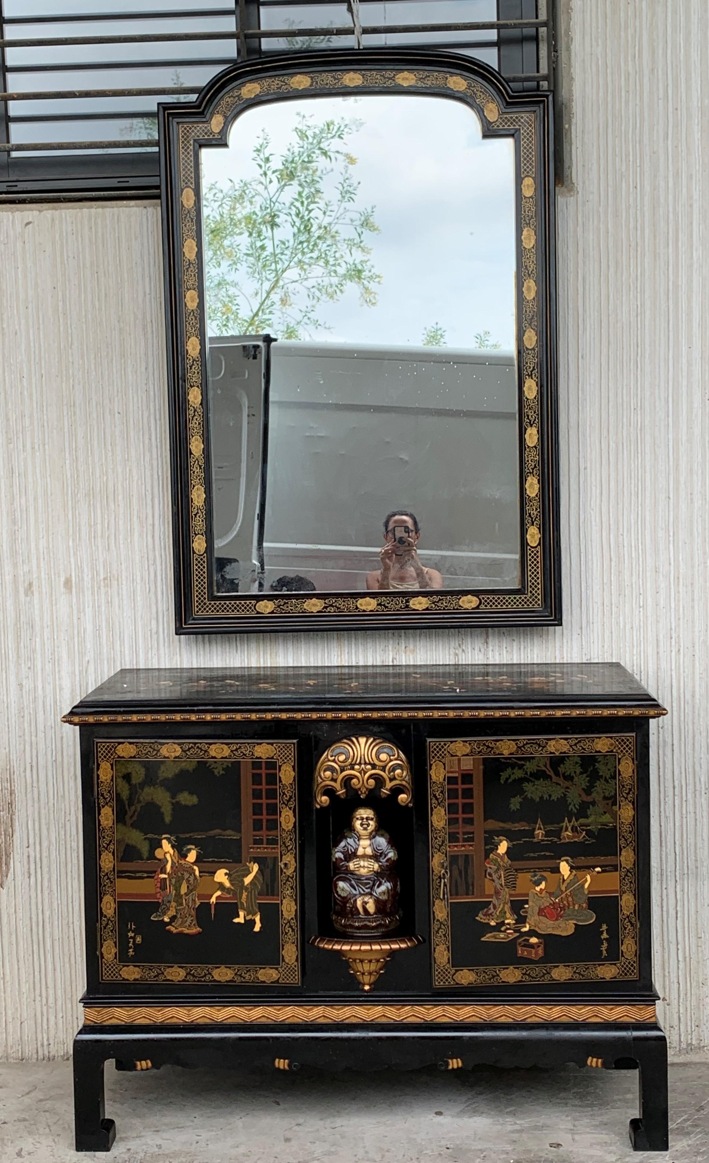 20th Black Lacquer and Hand Painted Open Altar Table or Sideboard In Good Condition For Sale In Miami, FL