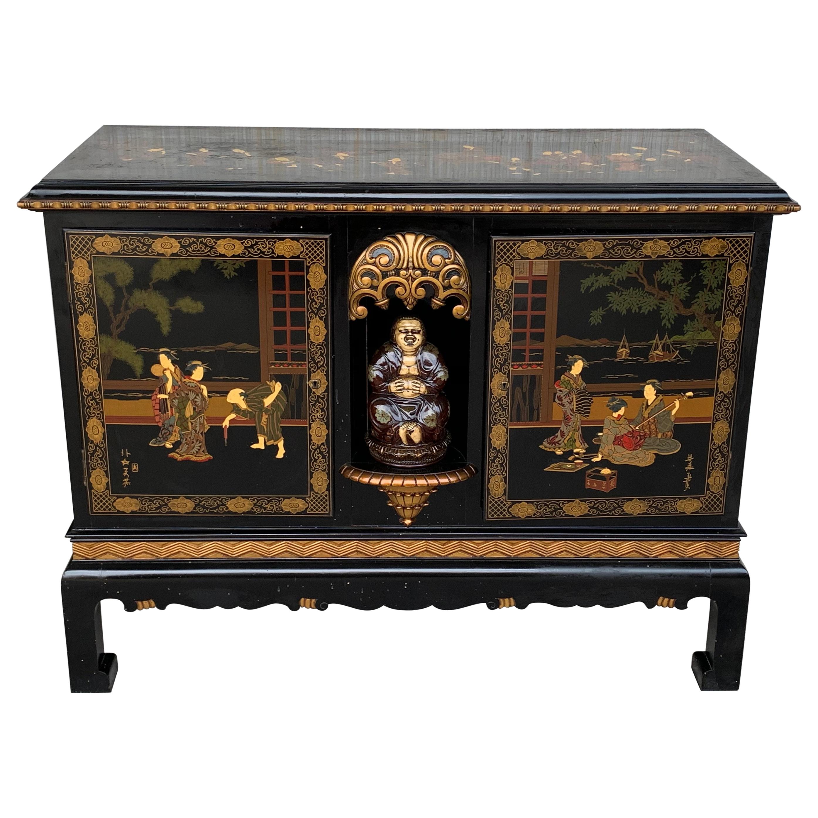 20th Black Lacquer and Hand Painted Open Altar Table or Sideboard For Sale