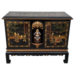 20th Black Lacquer and Hand Painted Open Altar Table or Sideboard