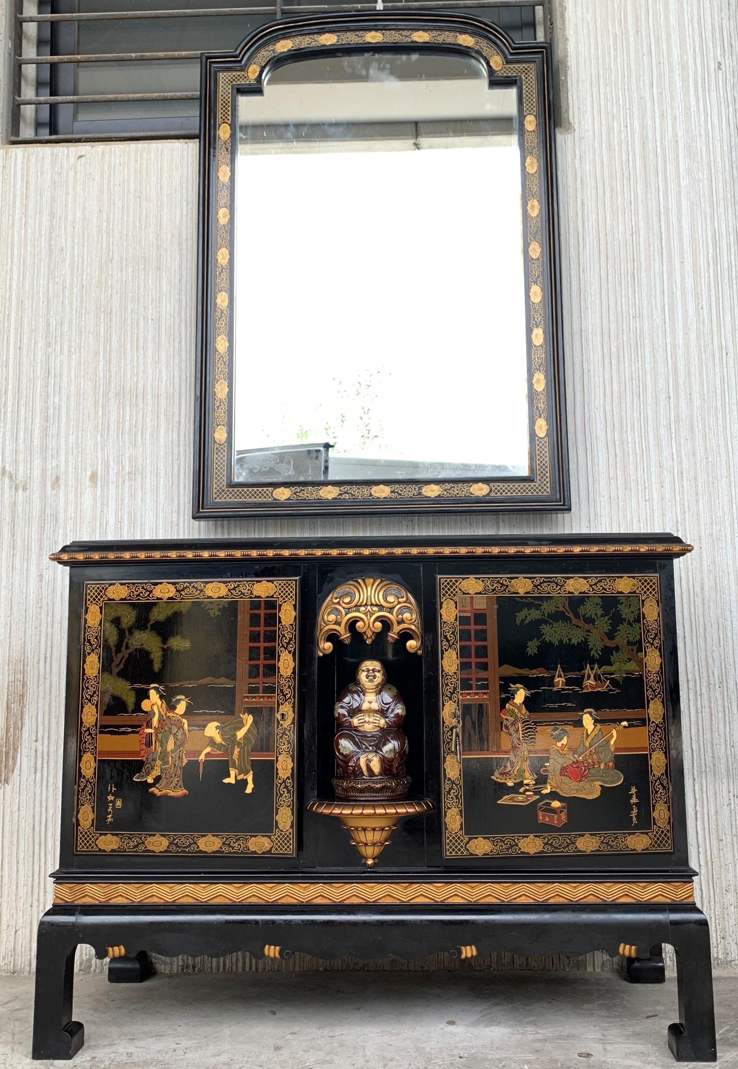 Chinoiserie Black Lacquer & Hand Painted Open Altar Table or Sideboard with Mirror For Sale