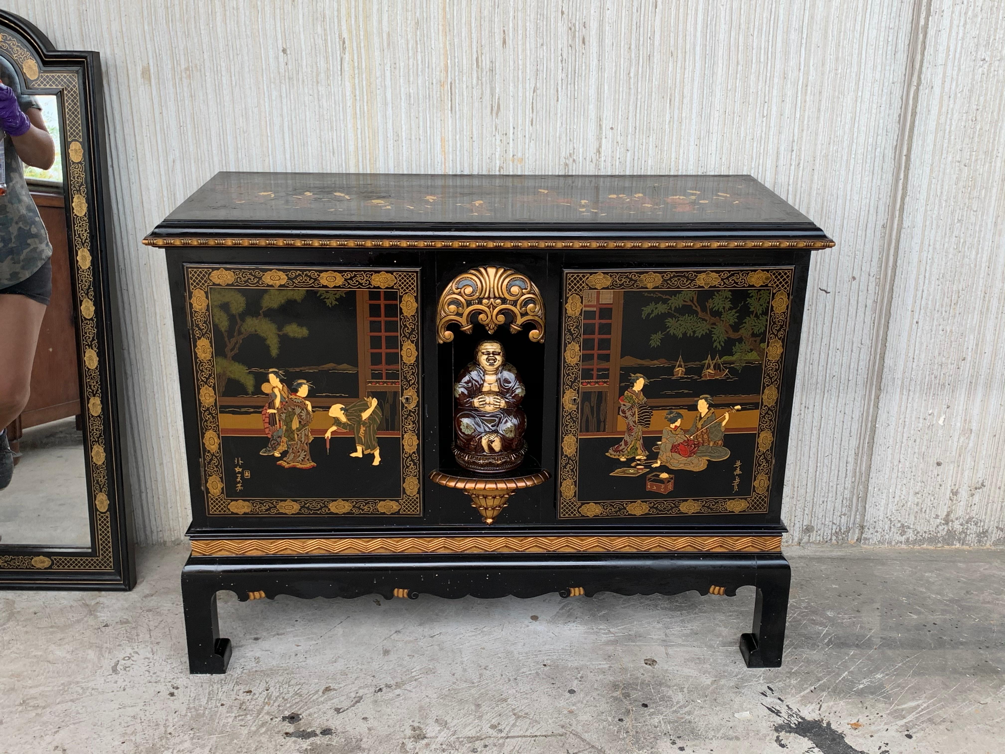 Black Lacquer & Hand Painted Open Altar Table or Sideboard with Mirror In Good Condition For Sale In Miami, FL