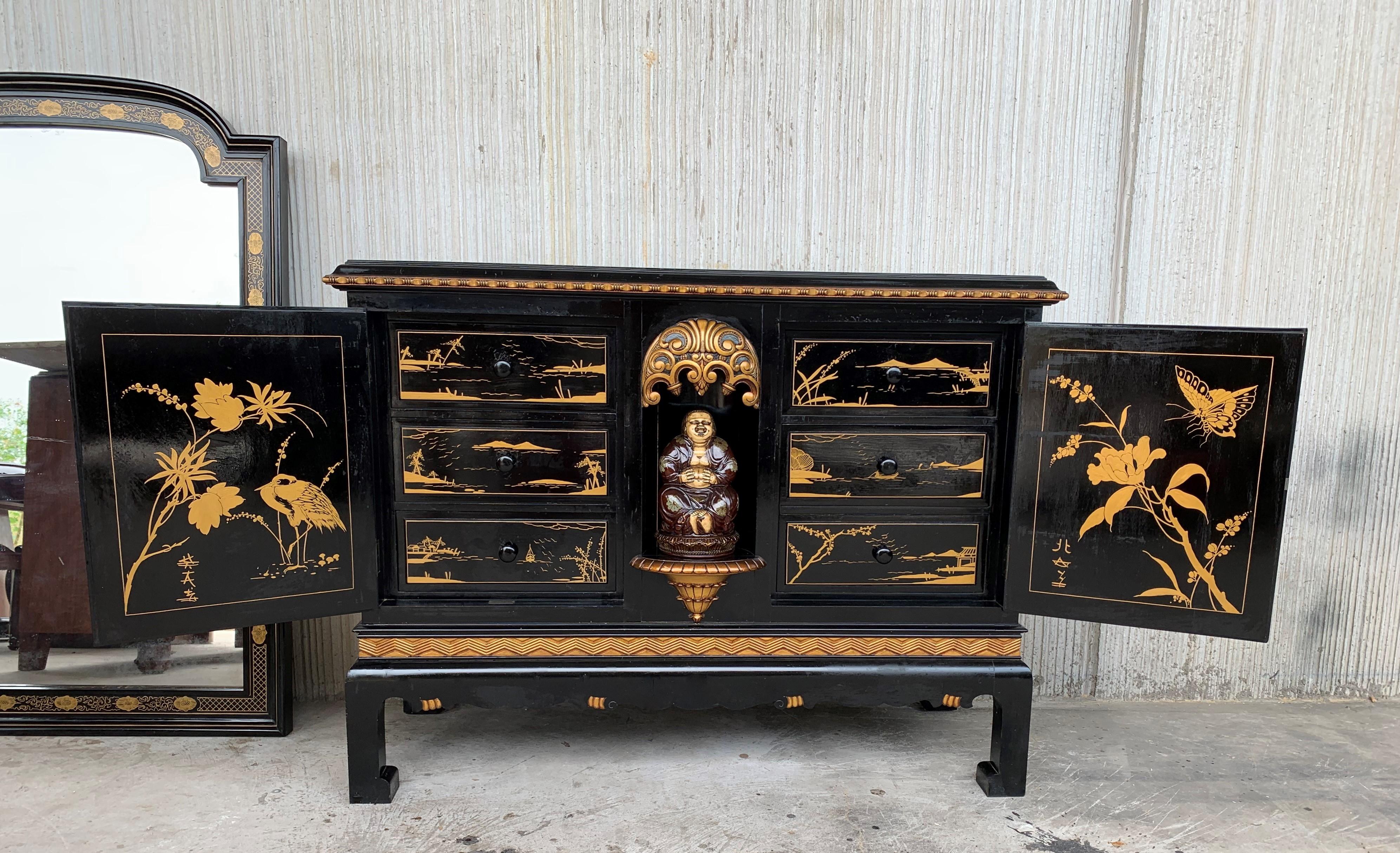 Wood Black Lacquer & Hand Painted Open Altar Table or Sideboard with Mirror For Sale