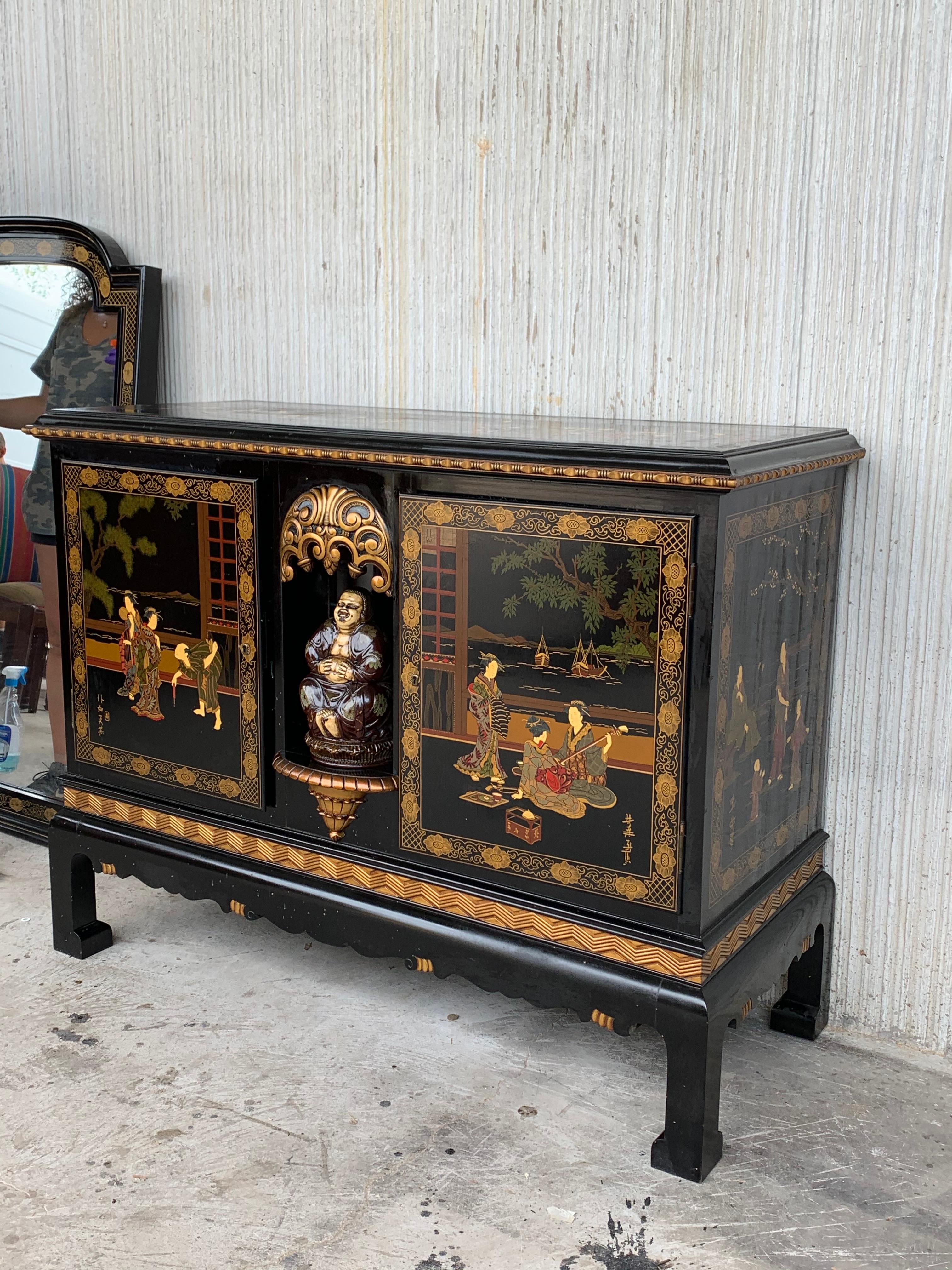 Black Lacquer & Hand Painted Open Altar Table or Sideboard with Mirror For Sale 1