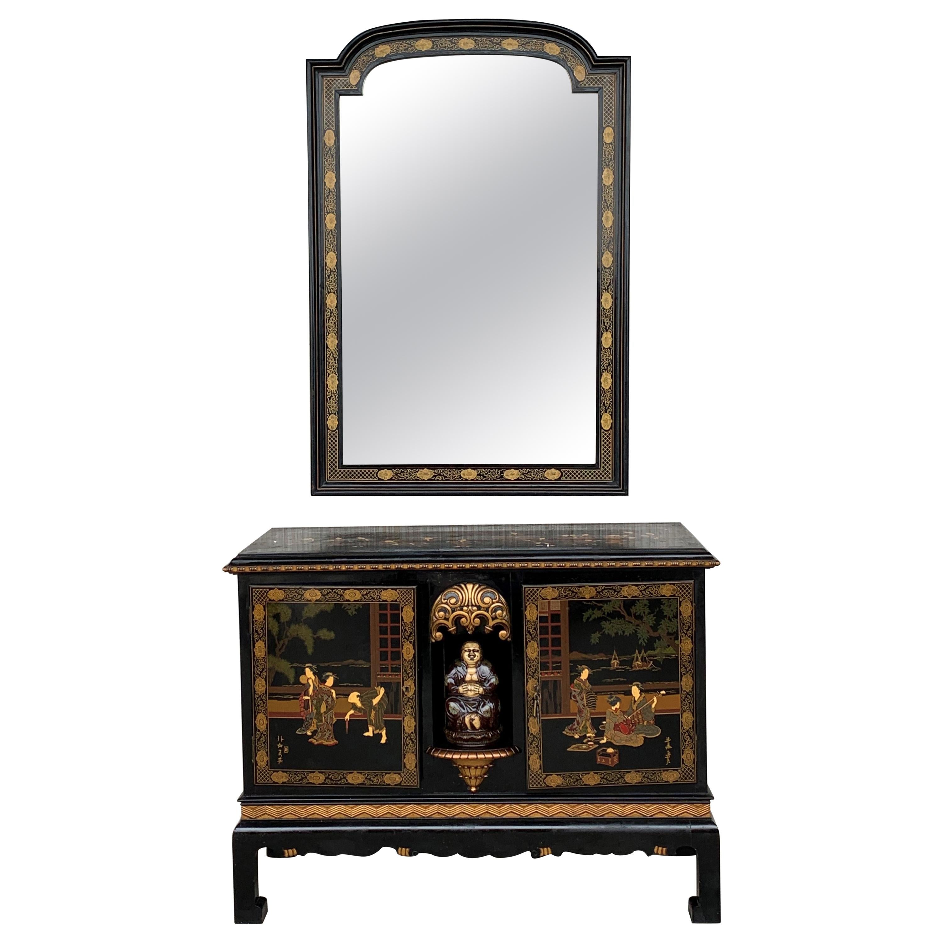 Black Lacquer & Hand Painted Open Altar Table or Sideboard with Mirror