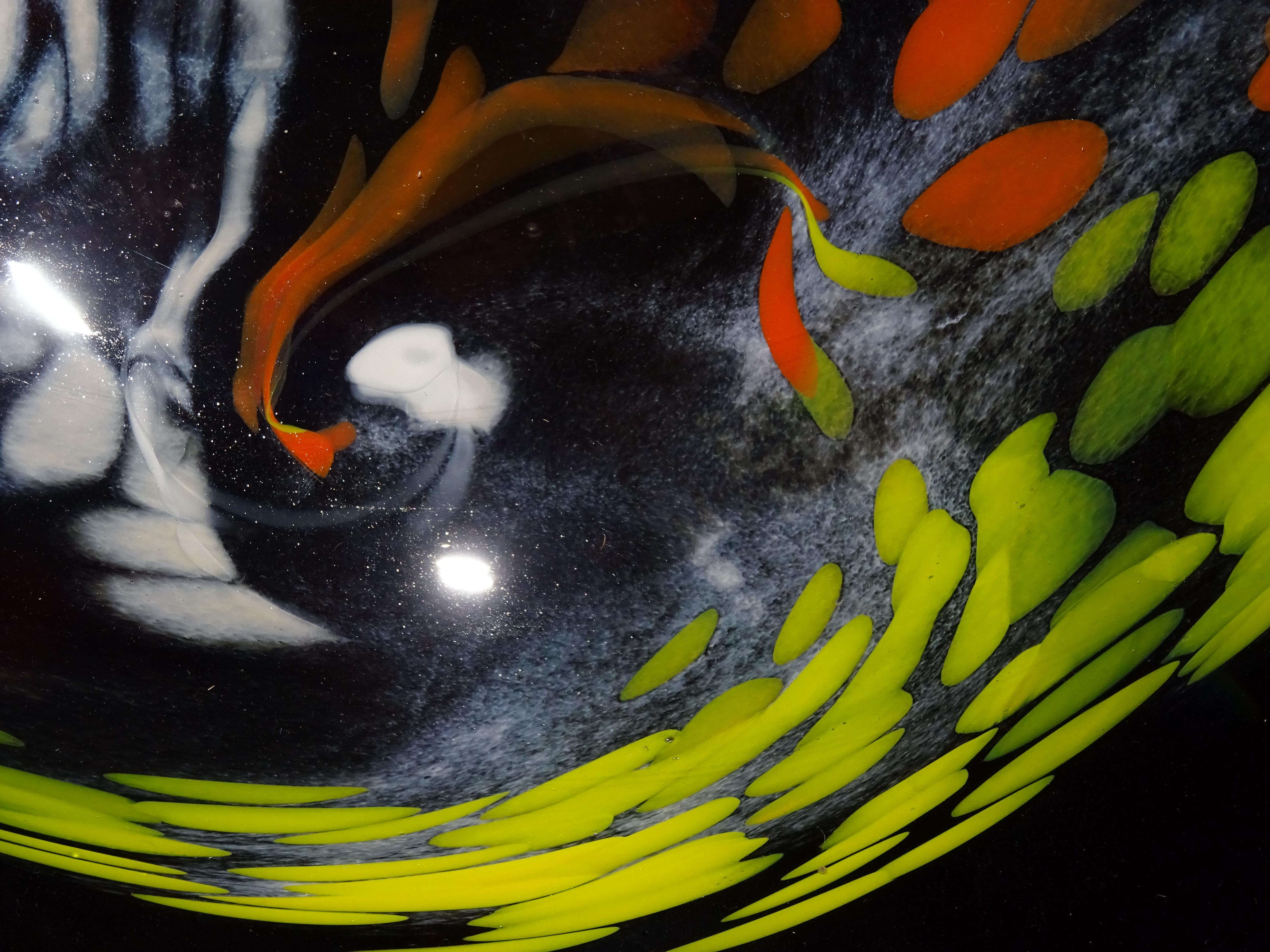 Black Large French Blown Glass Dish, Signed, Yellow, Orange, Blue, White 13