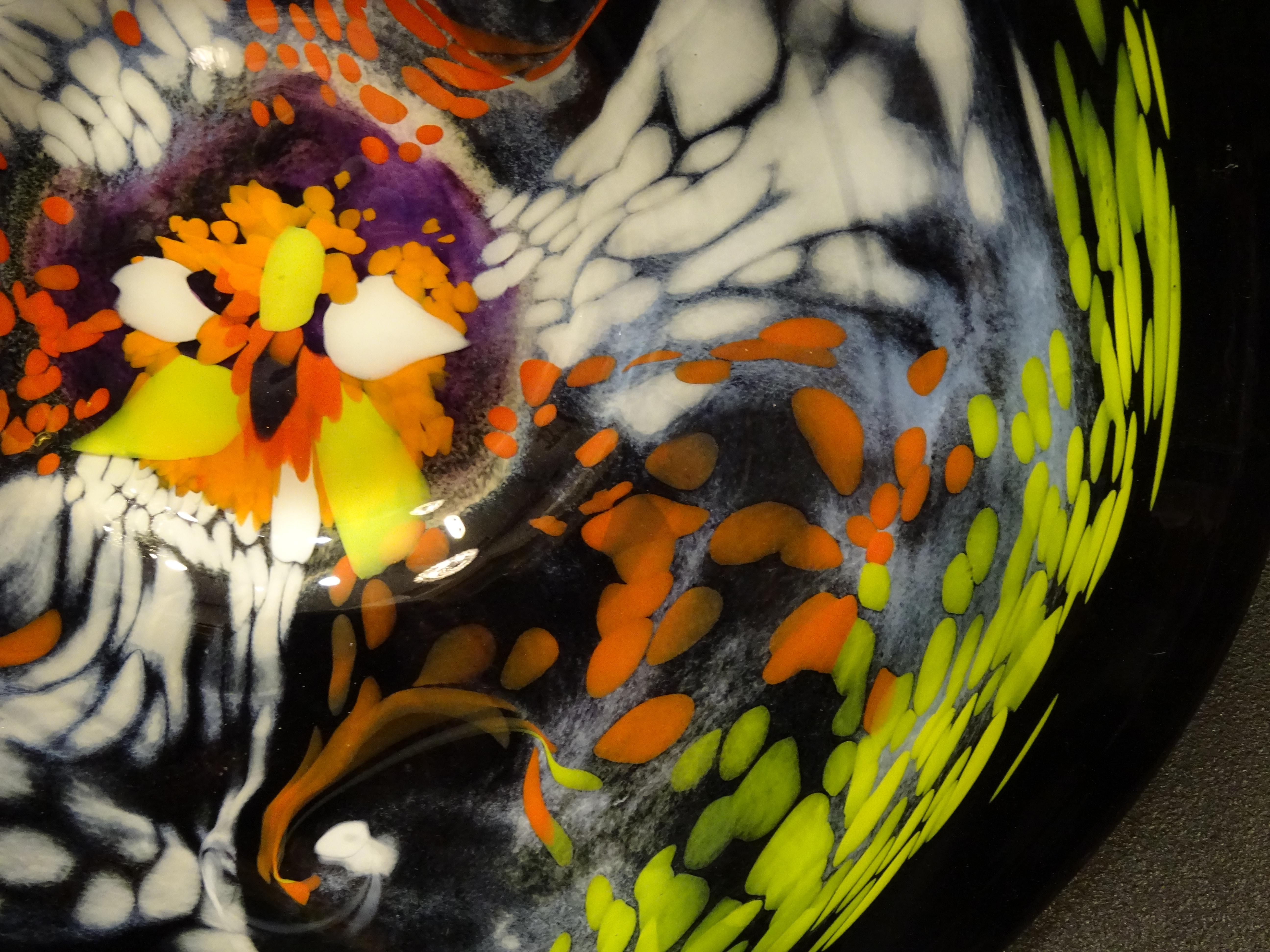 Cold-Painted Black Large French Blown Glass Dish, Signed, Yellow, Orange, Blue, White
