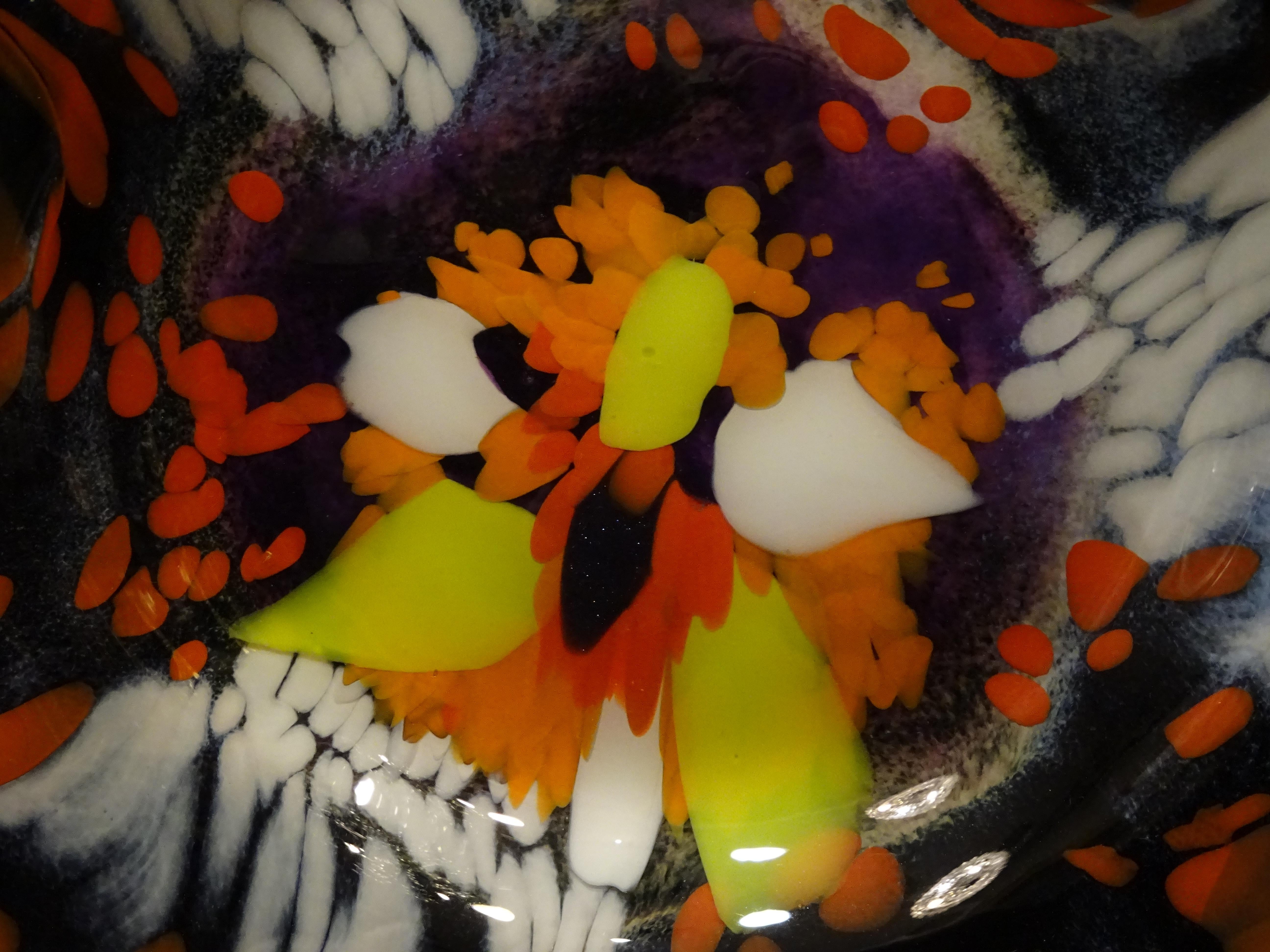 Late 20th Century Black Large French Blown Glass Dish, Signed, Yellow, Orange, Blue, White