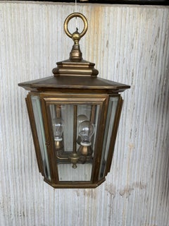 20th Brass & Beveled Glass Hexagonal Pendant Lantern