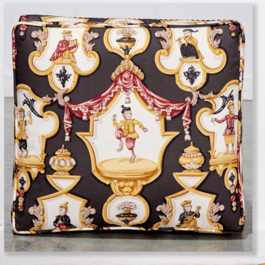 Aesthetic Movement Chinoiserie Faux Bamboo Ottoman with Monkey Musician Upholstery

A whimsical and theatrical ottoman in the Aesthetic Movement and Chinoiserie Revival style, crafted in the 20th century. The faux bamboo frame is rendered in