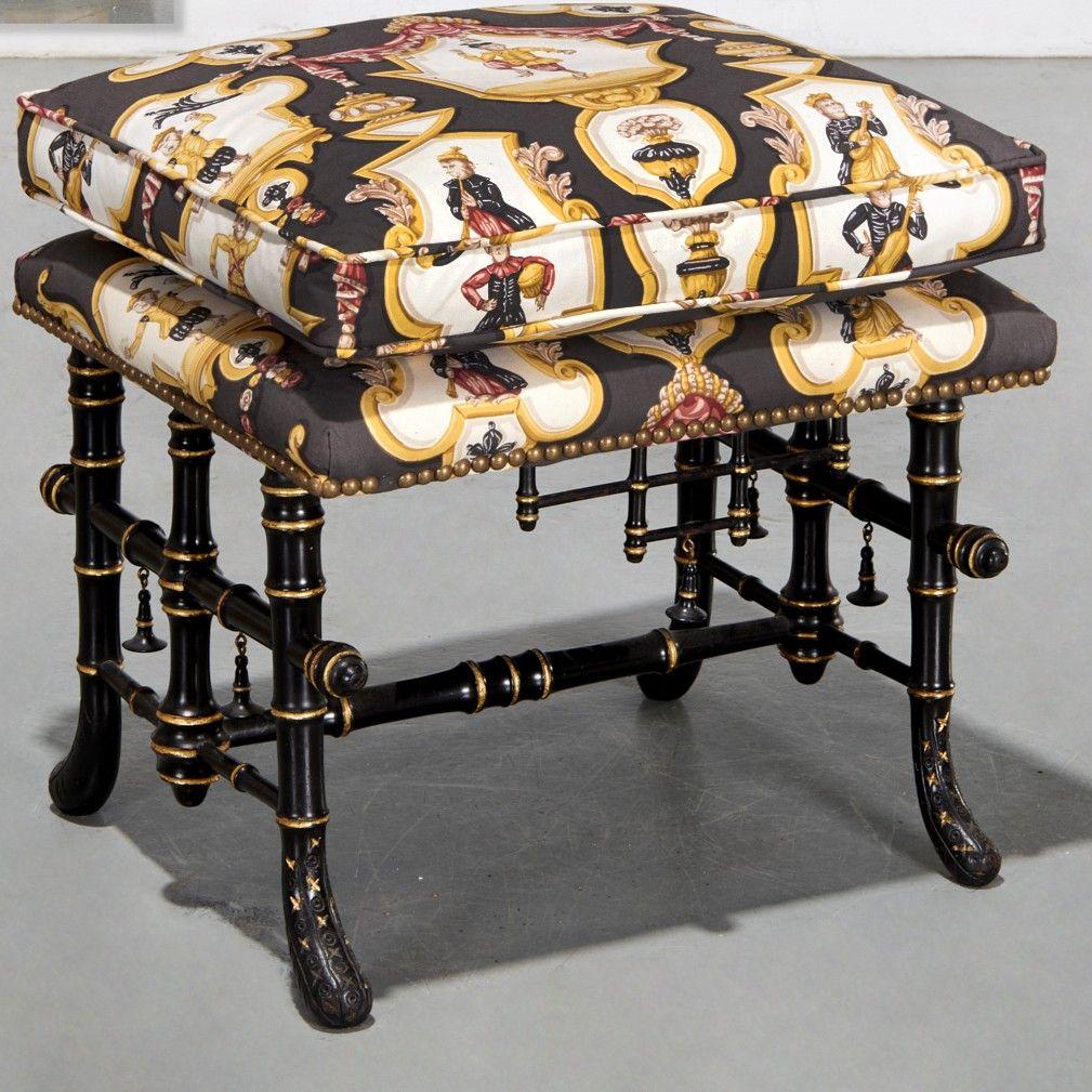 American 20th C. Aesthetic Movement Chinoiserie Faux Bamboo Ottoman with Tole Upholstery For Sale