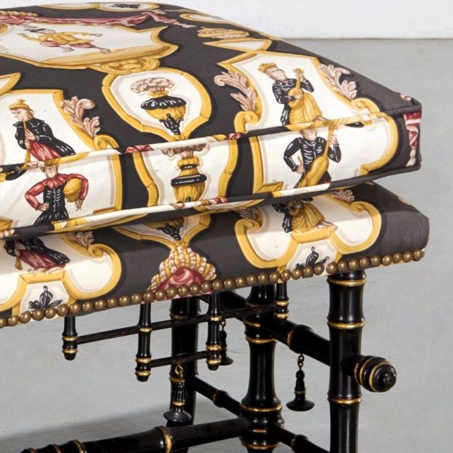 Gilt 20th C. Aesthetic Movement Chinoiserie Faux Bamboo Ottoman with Tole Upholstery For Sale