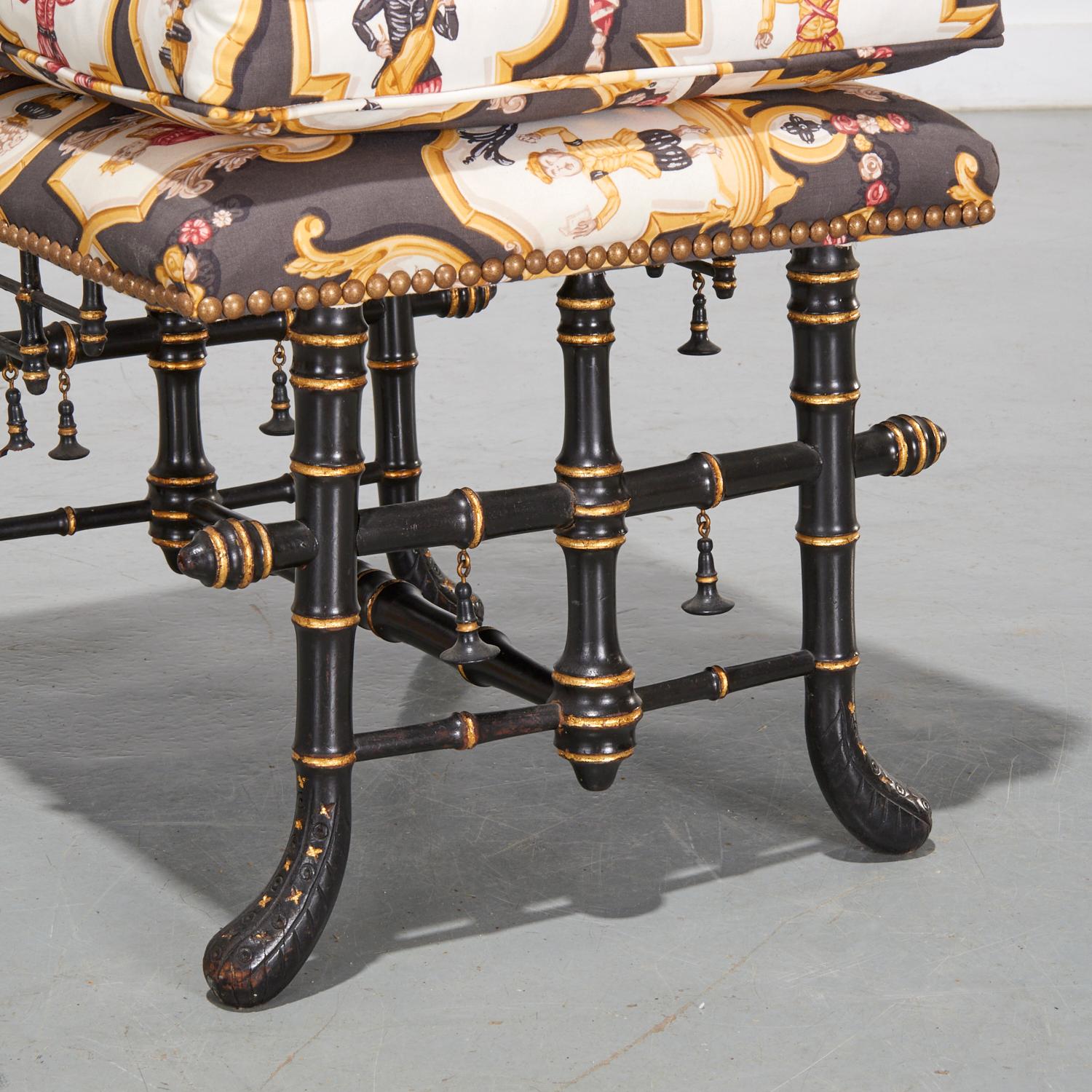 20th C. Aesthetic Movement Chinoiserie Faux Bamboo Ottoman with Tole Upholstery In Good Condition For Sale In Morristown, NJ