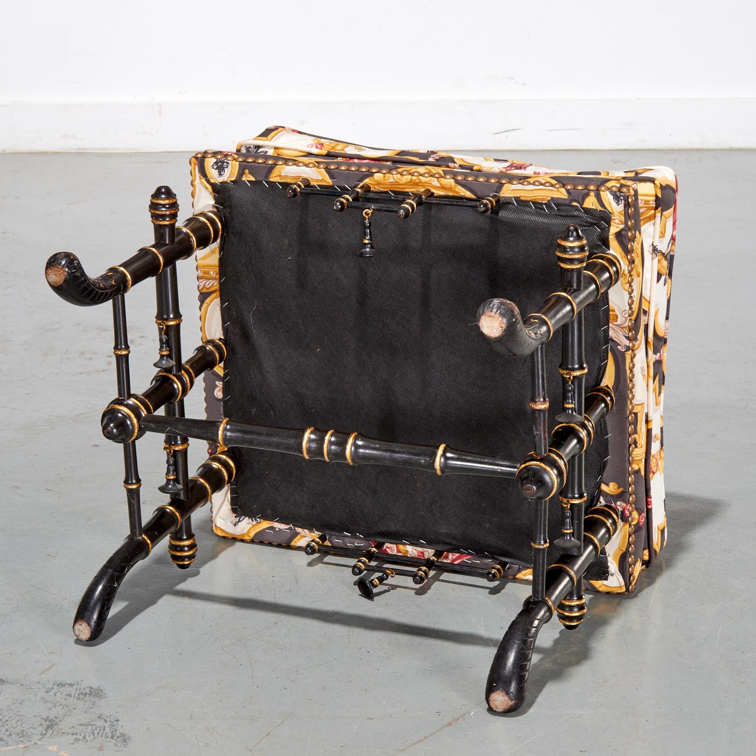 20th C. Aesthetic Movement Chinoiserie Faux Bamboo Ottoman with Tole Upholstery For Sale 1
