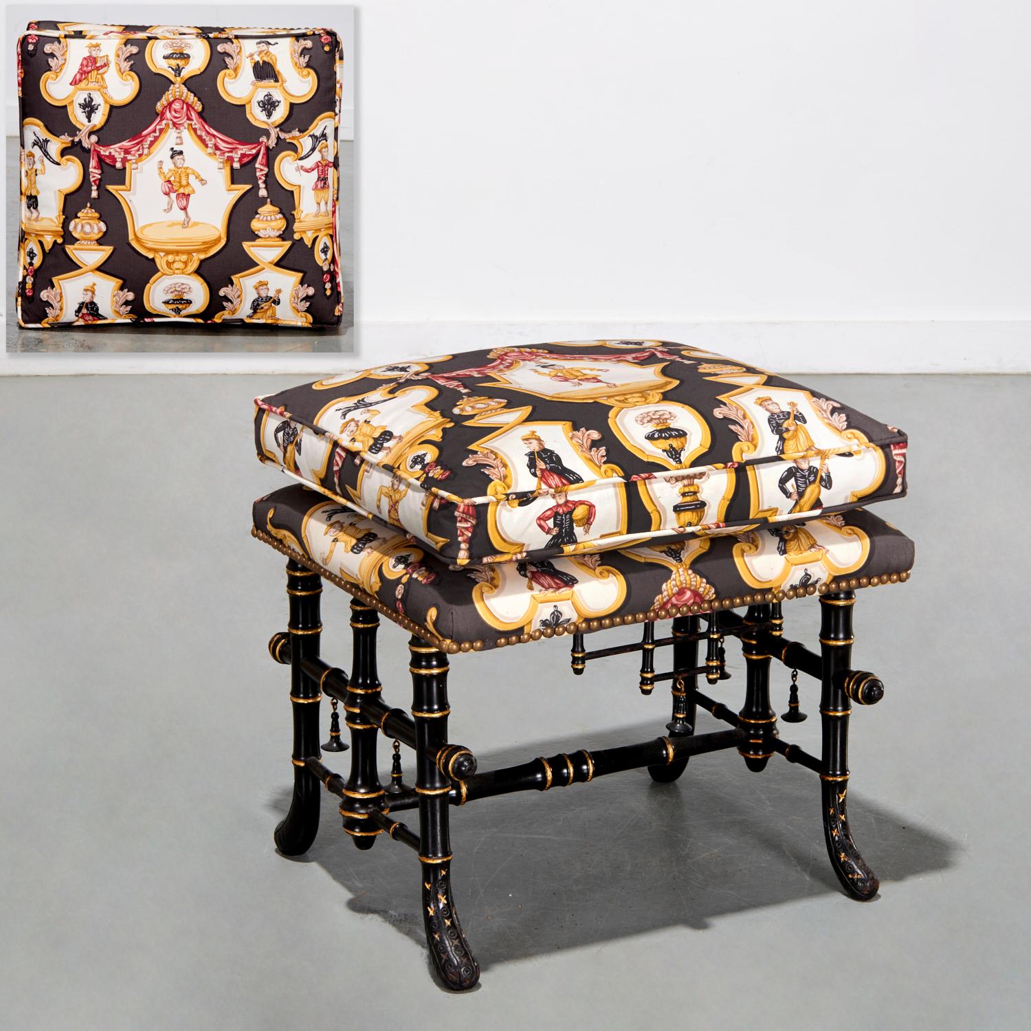 20th C. Aesthetic Movement Chinoiserie Faux Bamboo Ottoman with Tole Upholstery For Sale 2