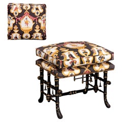 20th C. Aesthetic Movement Chinoiserie Faux Bamboo Ottoman with Tole Upholstery