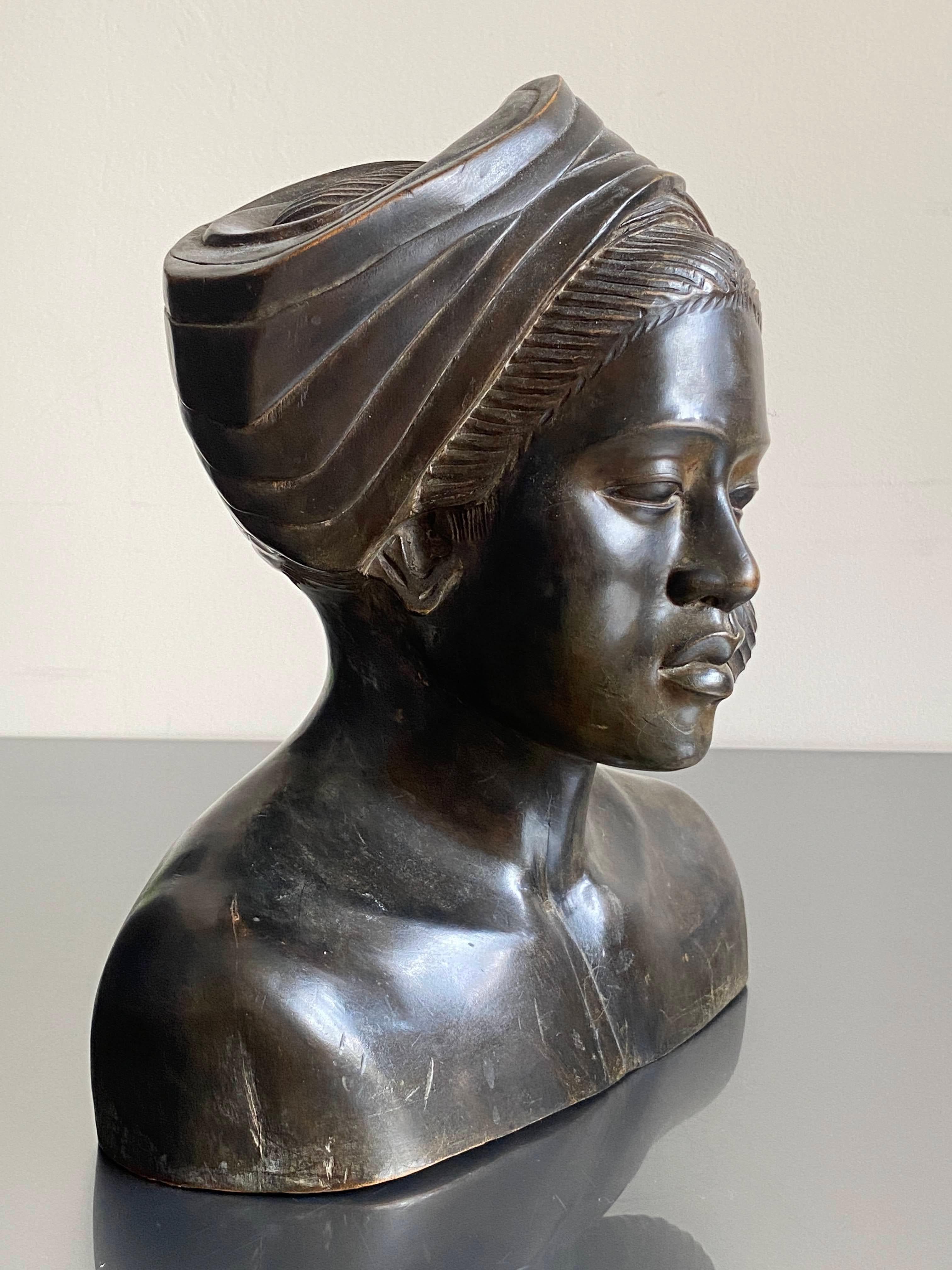 20th C. African Hardwood Carving of a Woman Wearing Headdress, circa 1930 1
