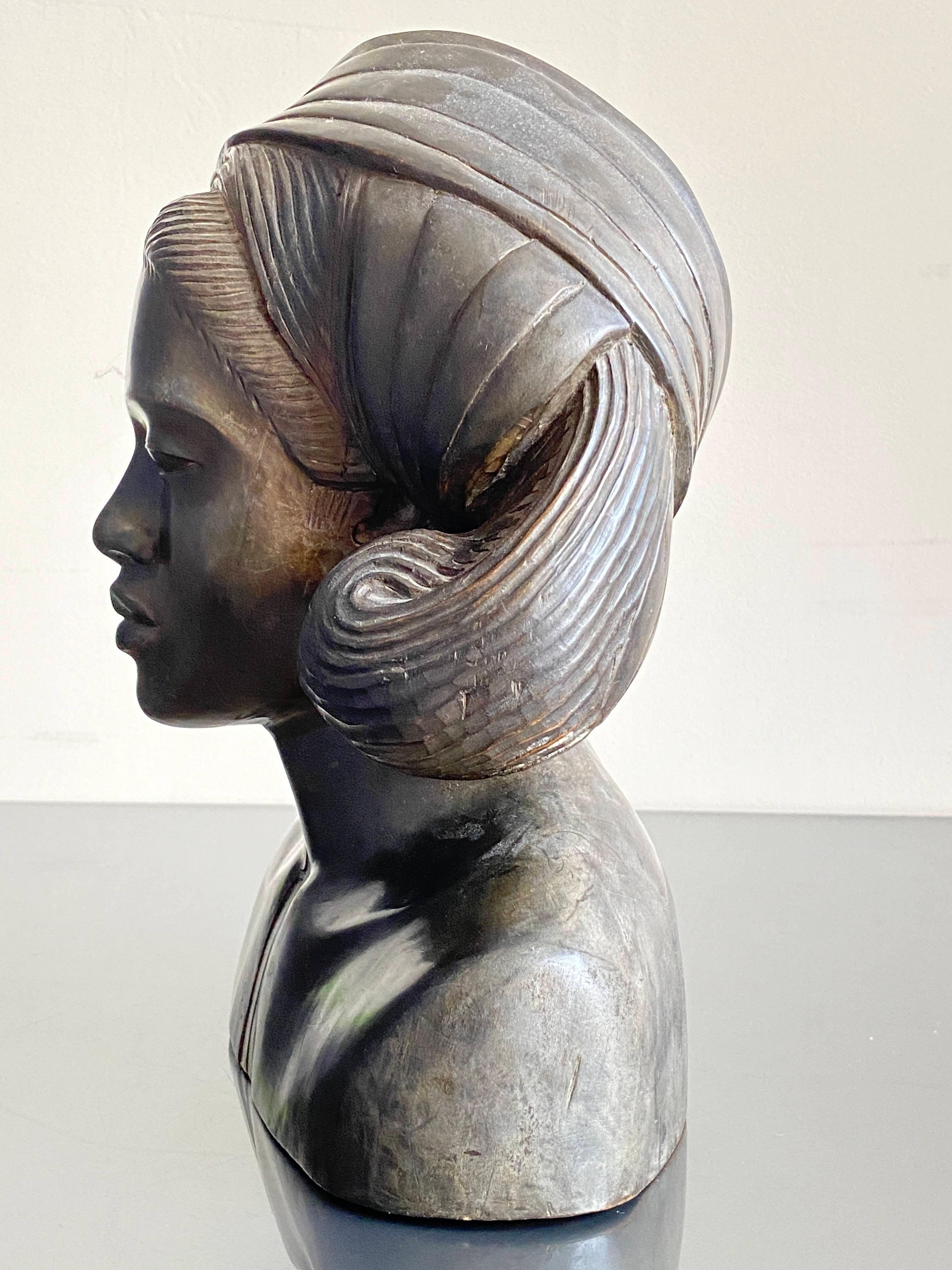 20th C. African Hardwood Carving of a Woman Wearing Headdress, circa 1930 2