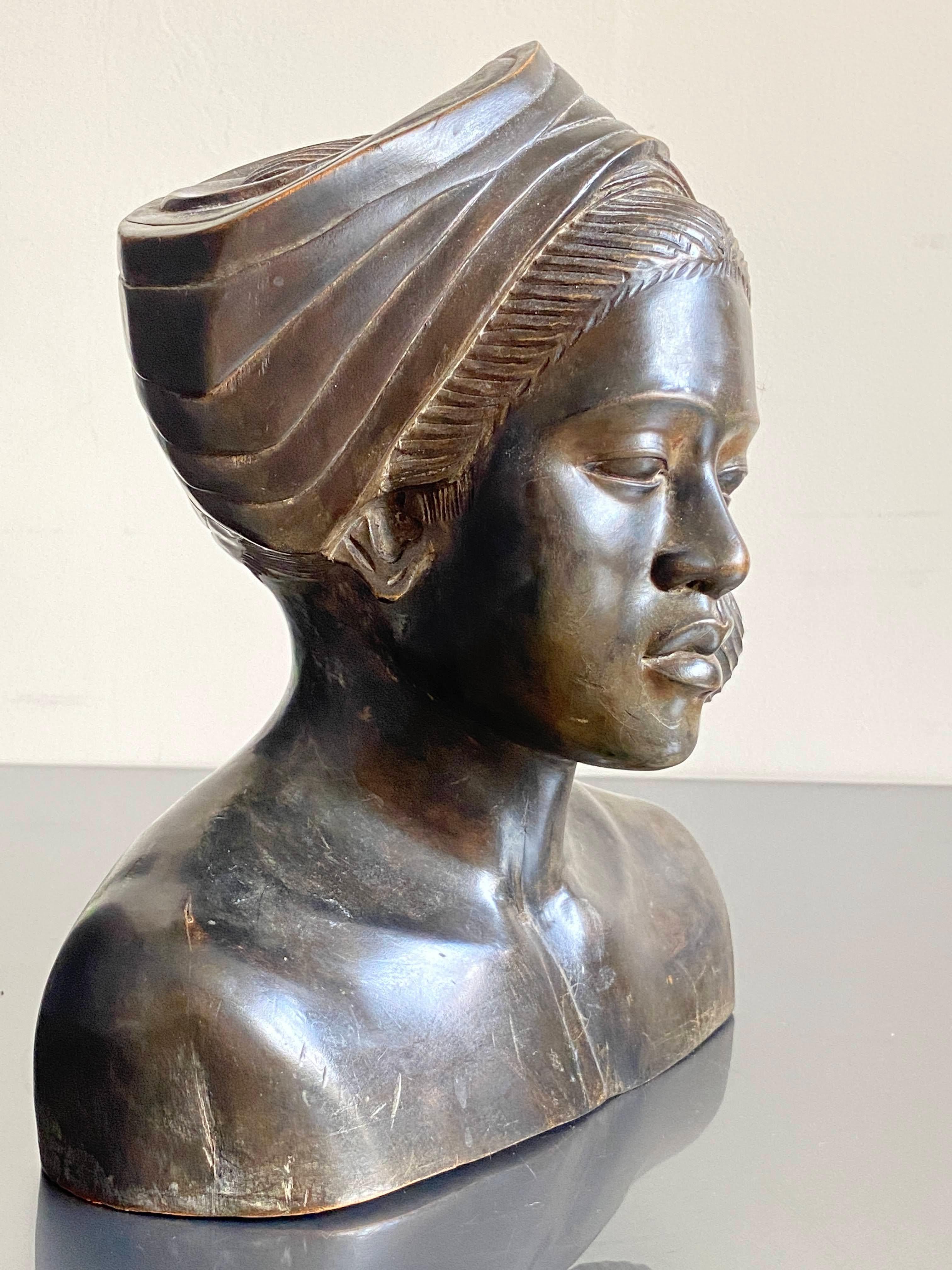 20th C. African Hardwood Carving of a Woman Wearing Headdress, circa 1930 5