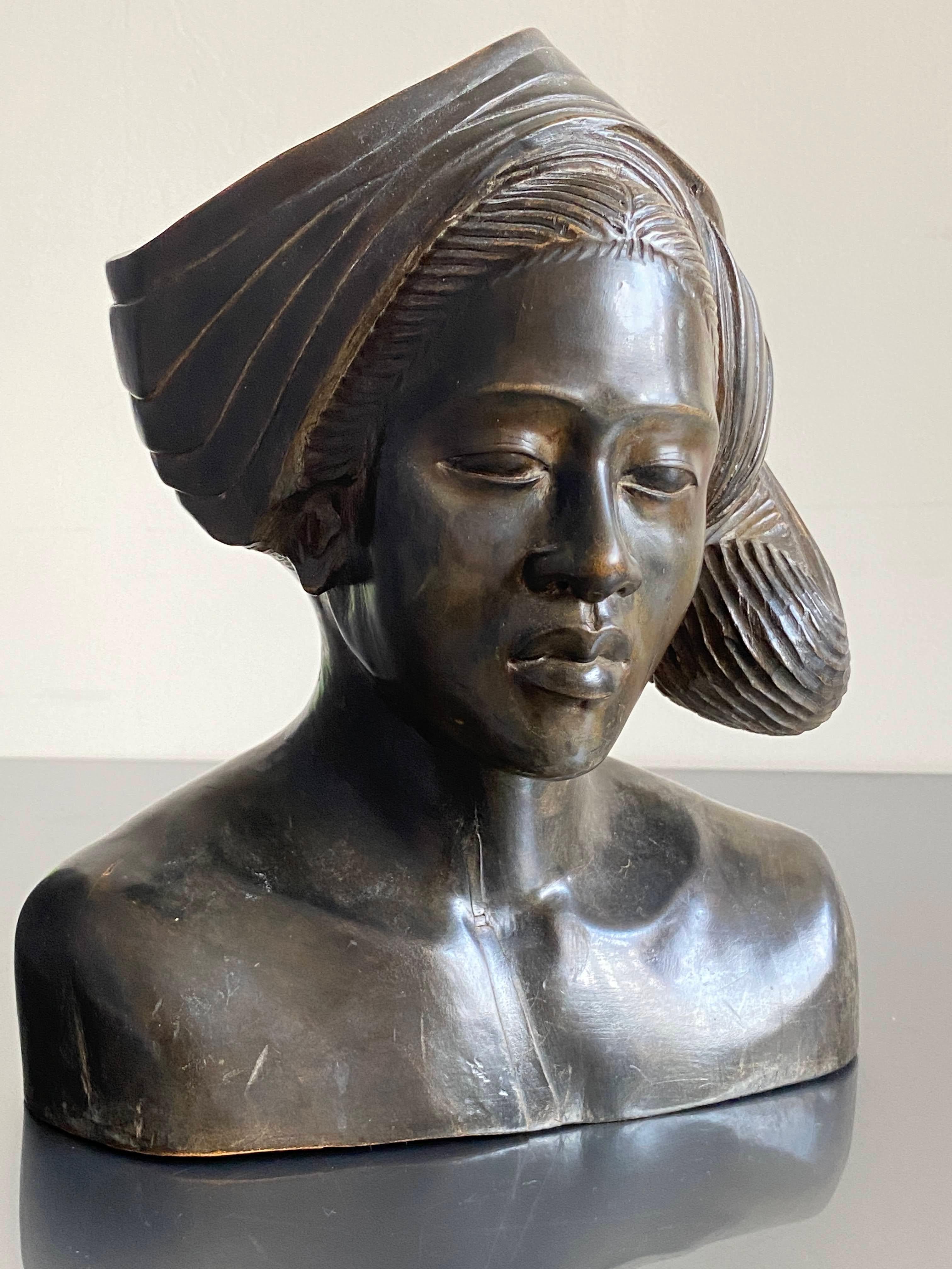 20th C. African Hardwood Carving of a Woman Wearing Headdress, circa 1930 6