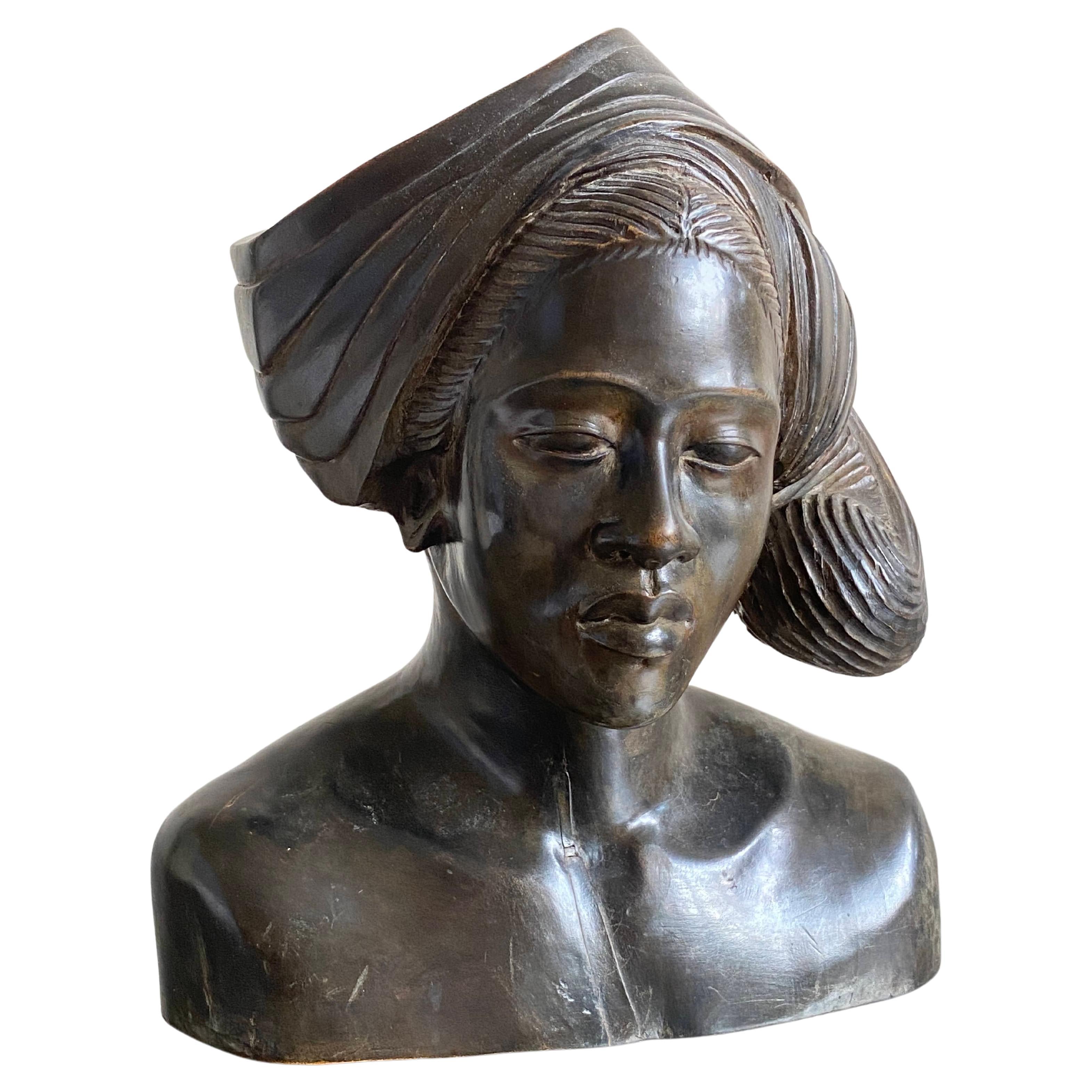 20th C. African Hardwood Carving of a Woman Wearing Headdress, circa ...