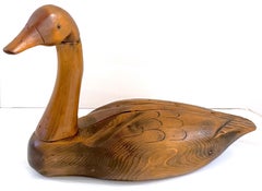20th C.  American Carved Natural Wood Articulated Swan Decoy Sculpture