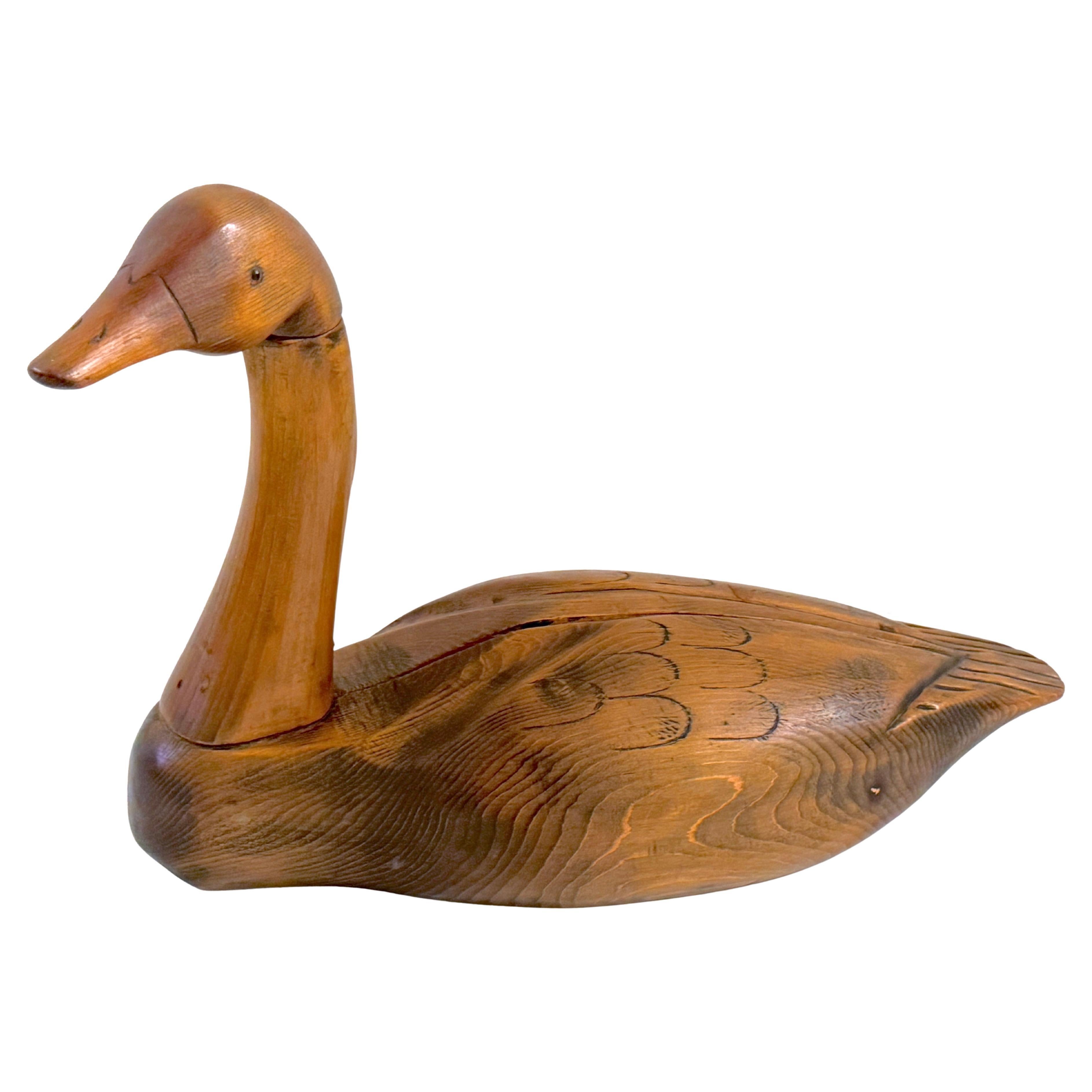20th C.  American Carved Natural Wood Articulated Swan Decoy Sculpture